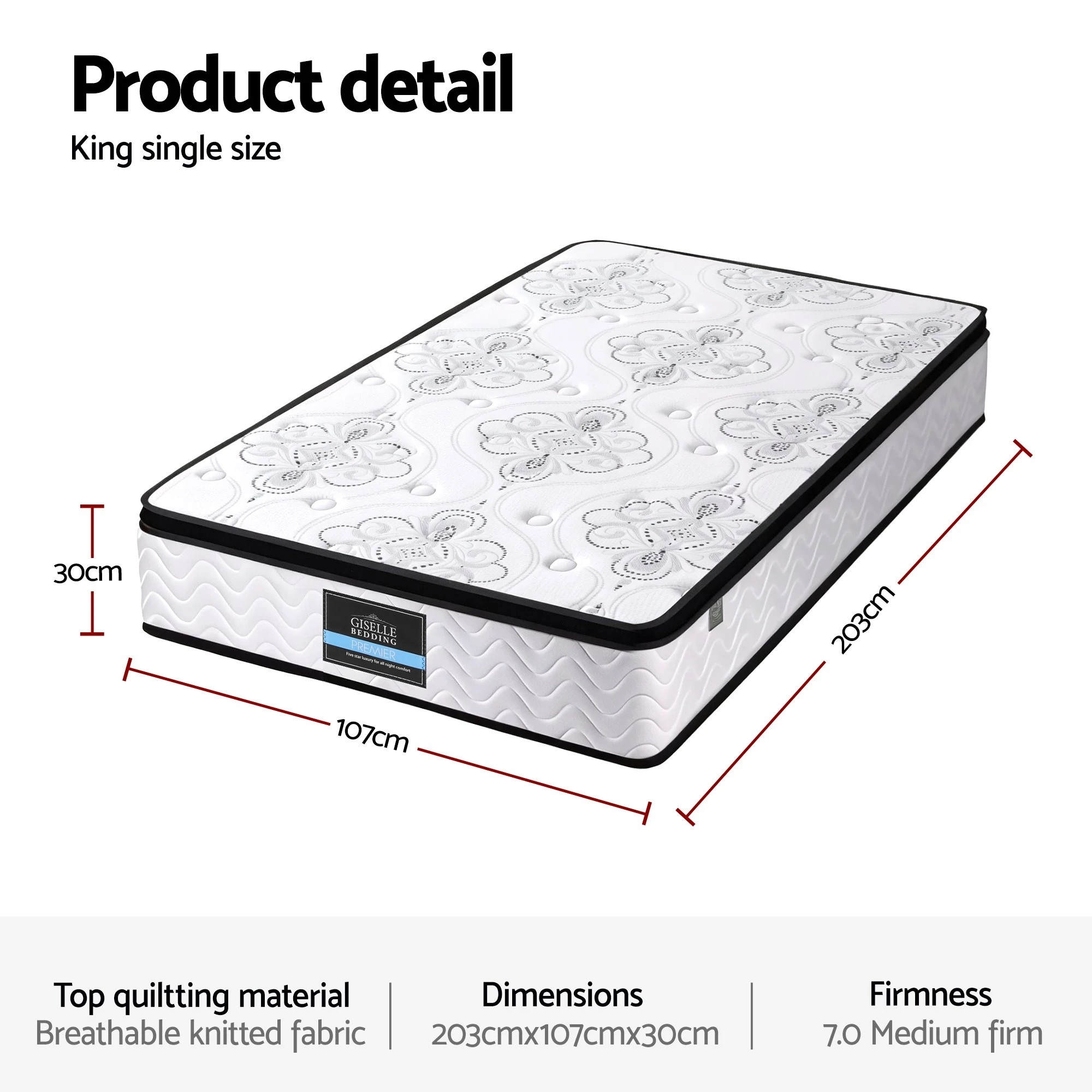 2 Giselle Bedding King Single Mattress 30cm Pocket Spring Euro Top Medium Firm Foam - King Single Bed - White, 2 of 3