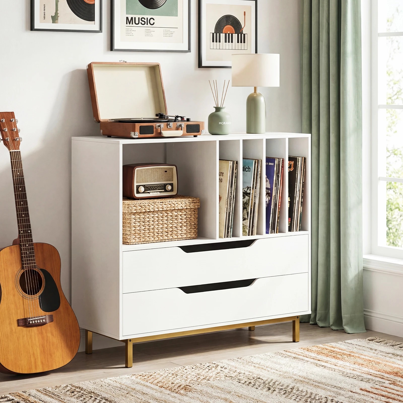 3 Costway Retro Record Player Stand 4 Vinyl Storage Racks w/2 Drawers - White, 3 of 7