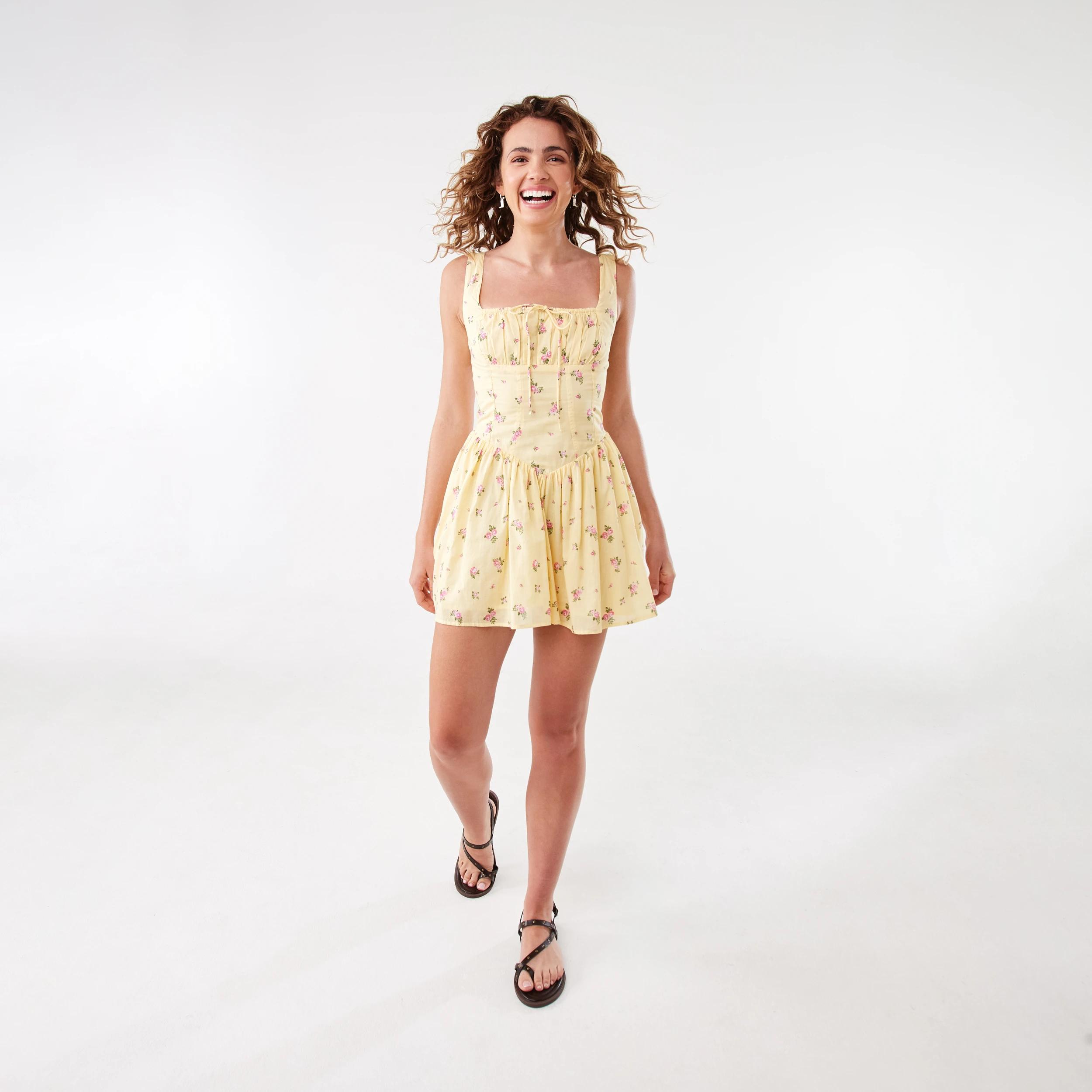 2 Boho Broderie Corset Mini Dress Yellow Flw, 2 of 10