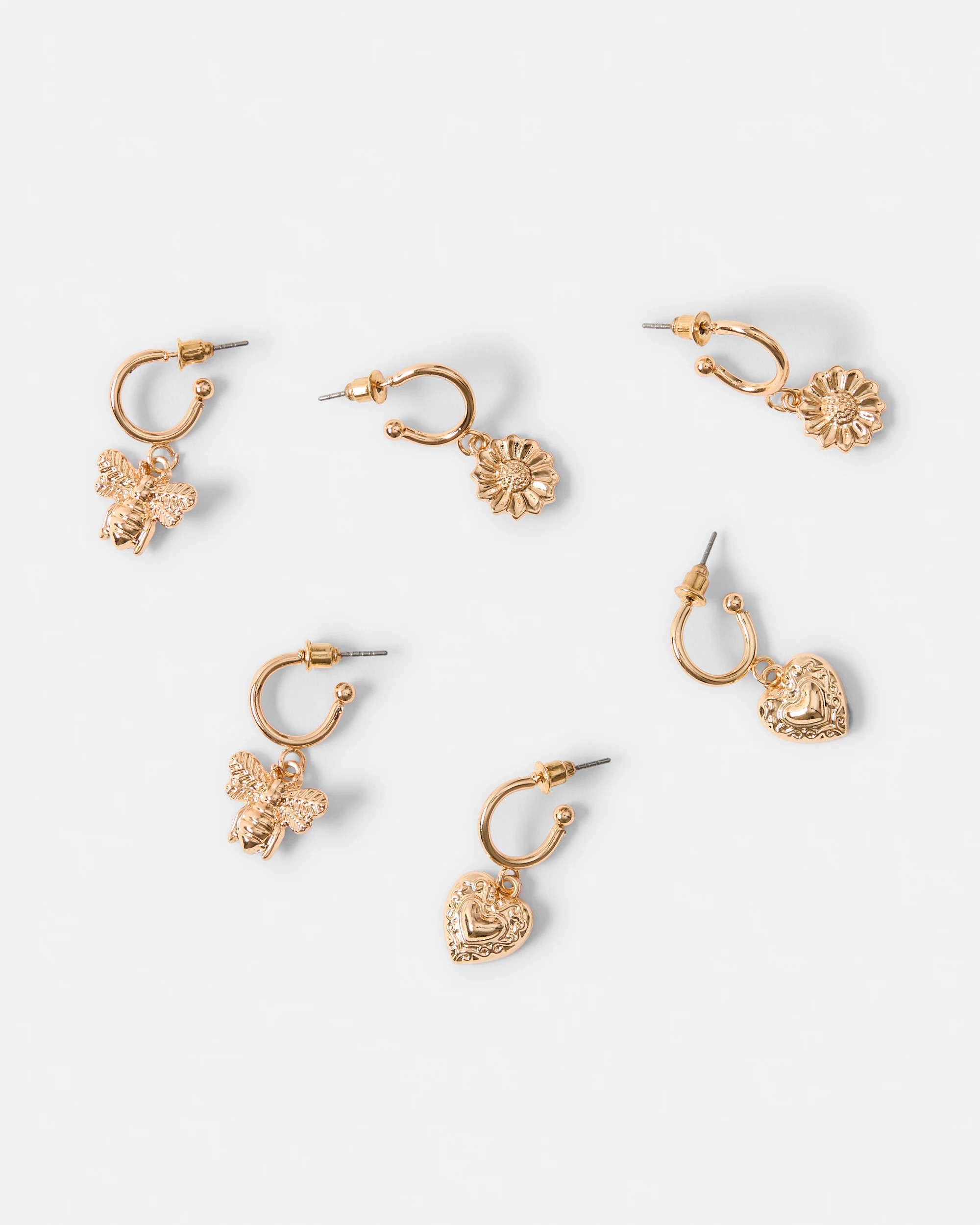 3 3 Pack Flower, Bee and Heart Earrings - Gold Tone, 3 of 5