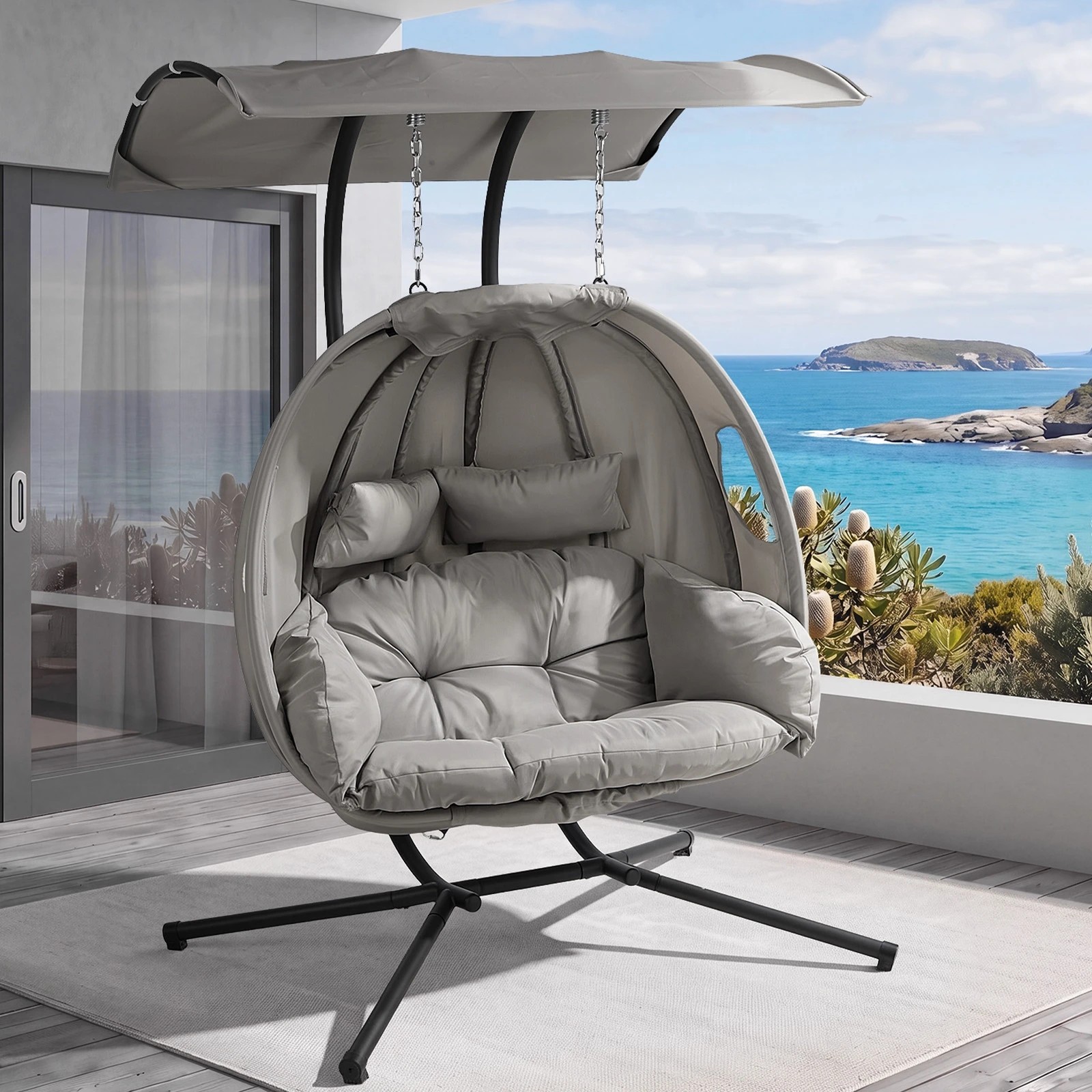 3 Livsip Egg Swing Chair 2 Seater Patio Lounge with Adjustable Canopy - Grey, 3 of 8
