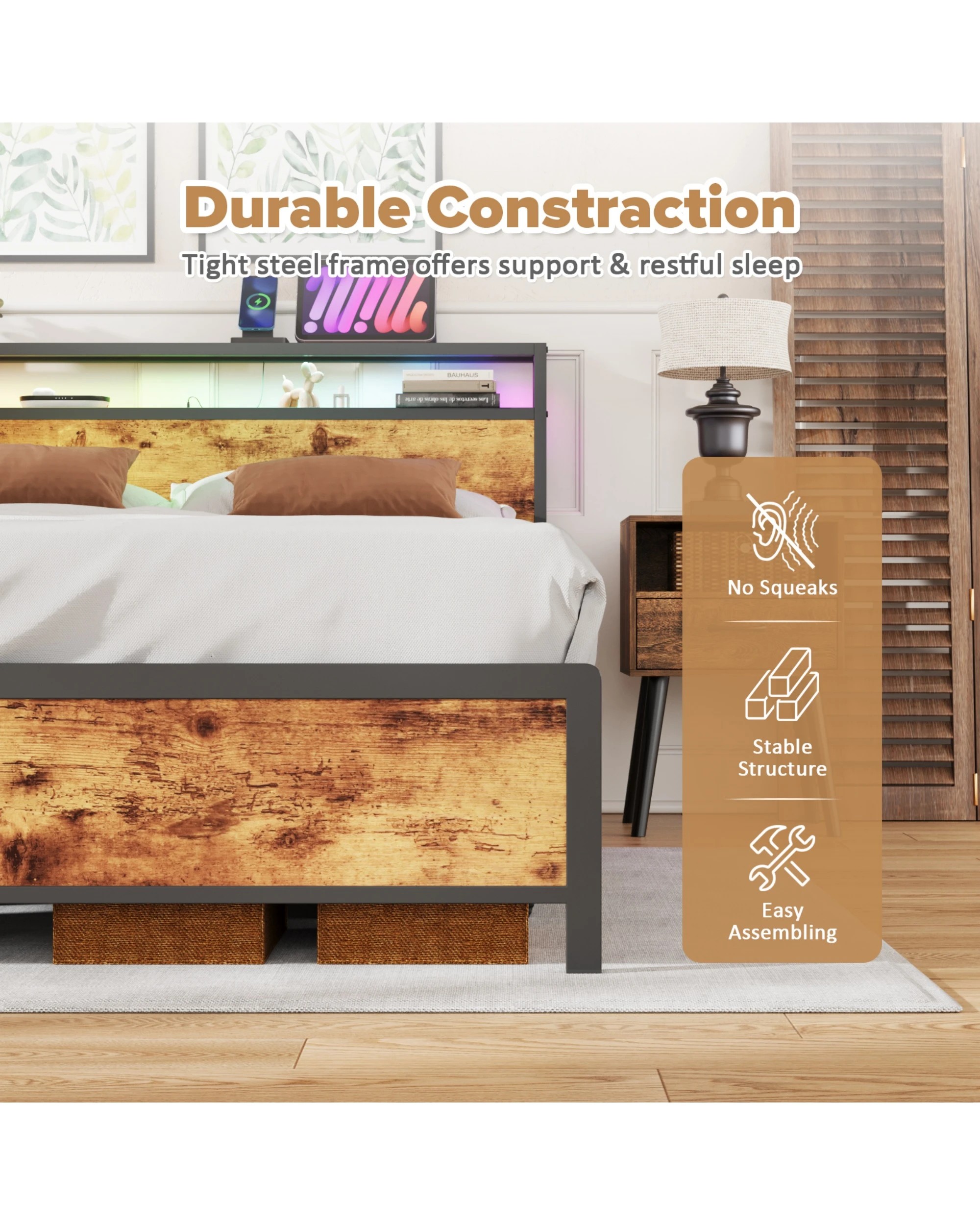 4 Advwin Double Bed Frame With Charging Station & Rgb Led Lights Storage Headboard, 4 of 9