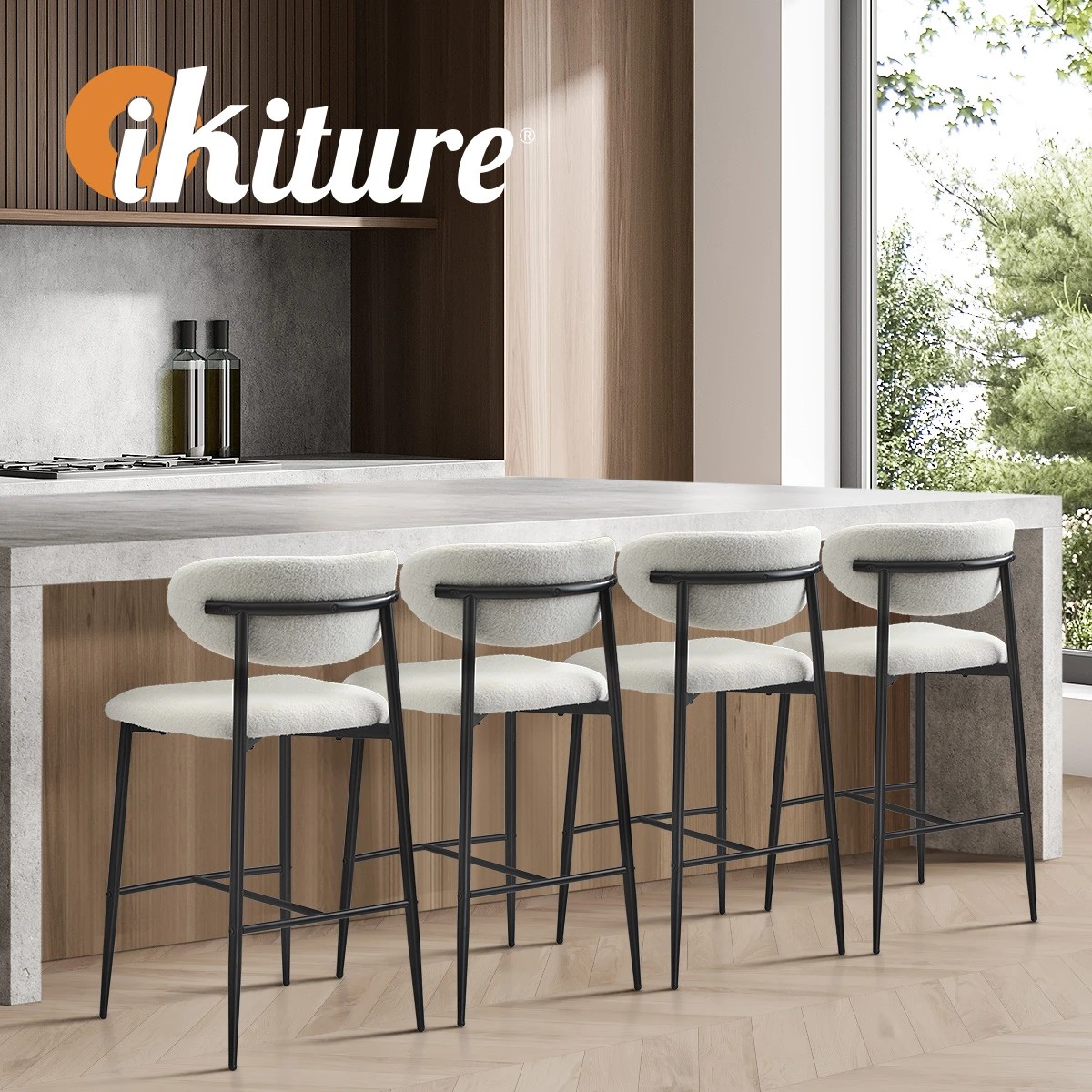 5 Oikiture 2x Bar Stools Kitchen Stool Counter Chair Boucle Fabric
 - Black, 5 of 10