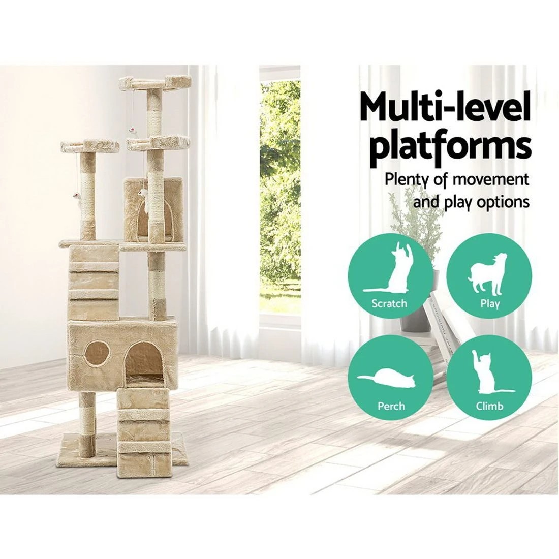 4 i.Pet Cat Tree 180cm Tower Scratching Post Scratcher Wood Condo House Toys - Beige, 4 of 7