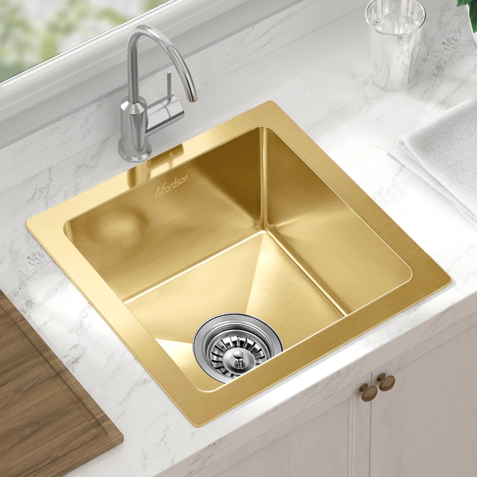 4 Alfordson Kitchen Sink 34x31cm Stainless Steel Basin Single Bowl - Gold, 4 of 8