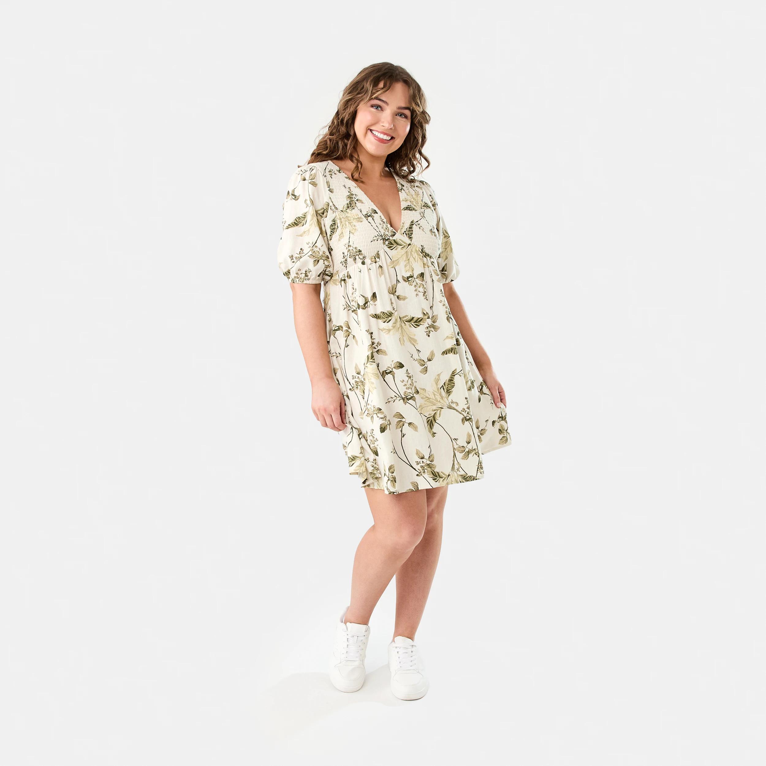 9 Short Sleeve Shirred V-Neck Mini Dress TROPICAL BURNT OLIVE, 9 of 9