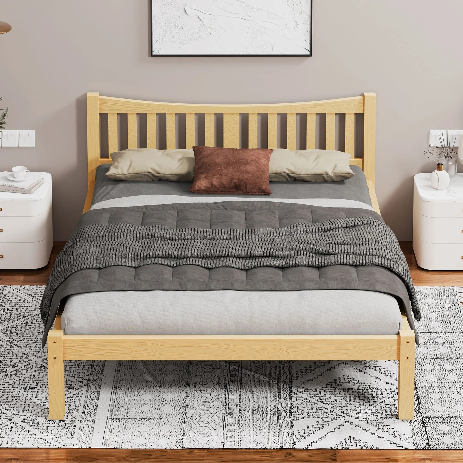 3 Alfordson Bed Frame Wooden Double Size Solid Pine Timber Base Cambrie - Natural, 3 of 10
