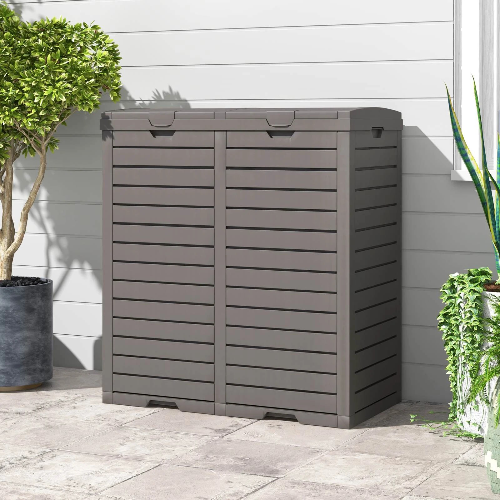 2 Costway 235L Outdoor Trash Can Waterproof Double Bucket - Brown, 2 of 2