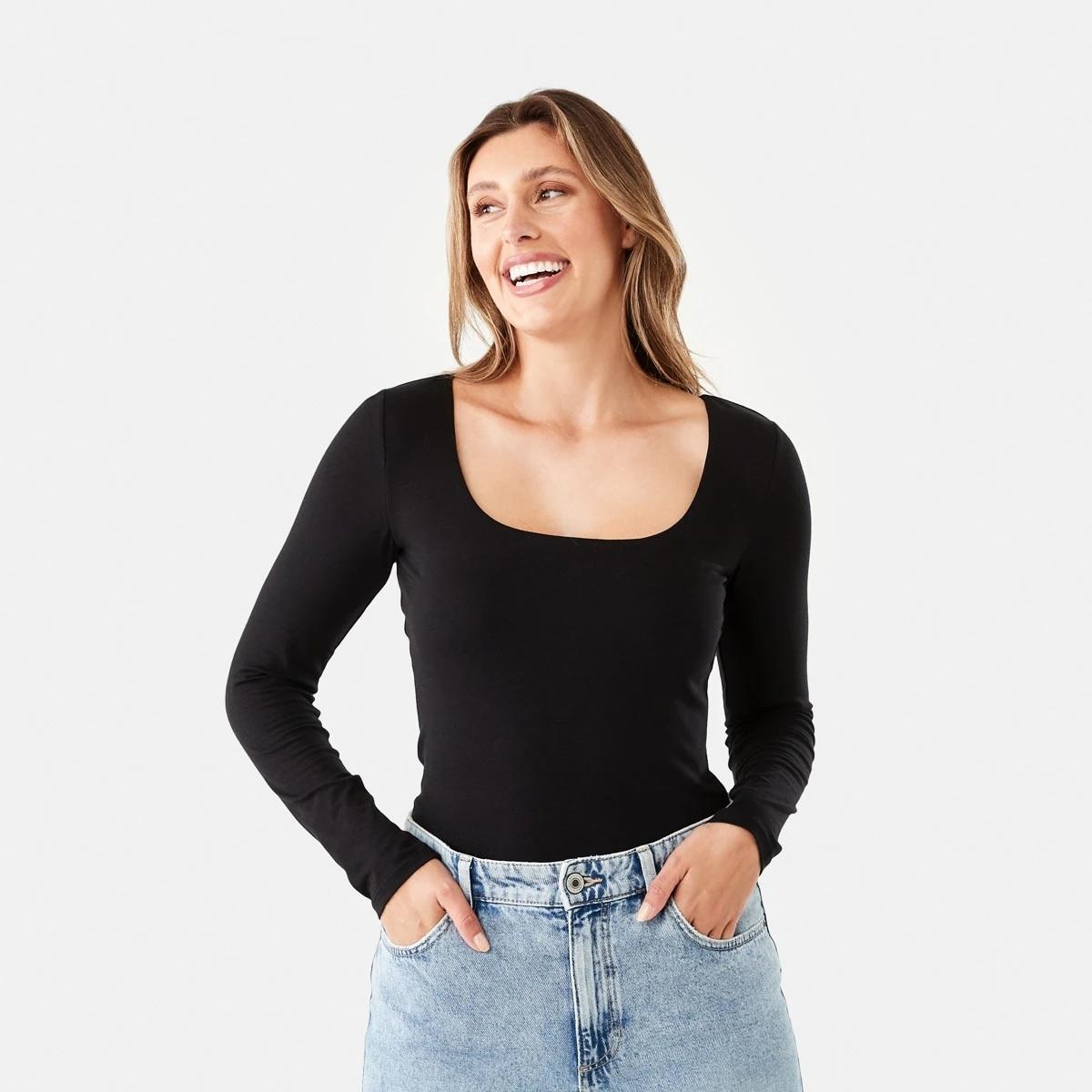 2 Long Sleeve Square Neck Top Black, 2 of 7