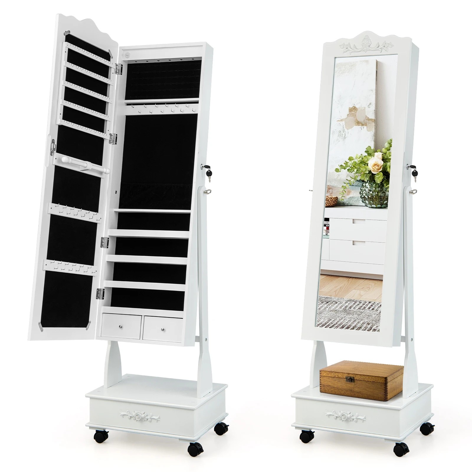 1 Costway Mobile Mirror Jewellery Cabinet Makeup Jewelry Storage Organizer Box w/LED Drawers - White, 1 of 5
