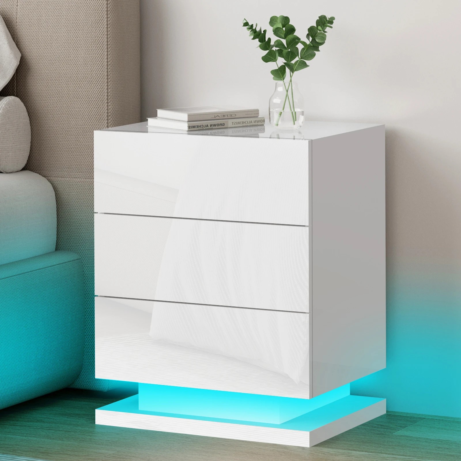 2 Alfordson Bedside Table RGB LED Nightstand 3 Drawers 4 Side High Gloss - White, 2 of 10