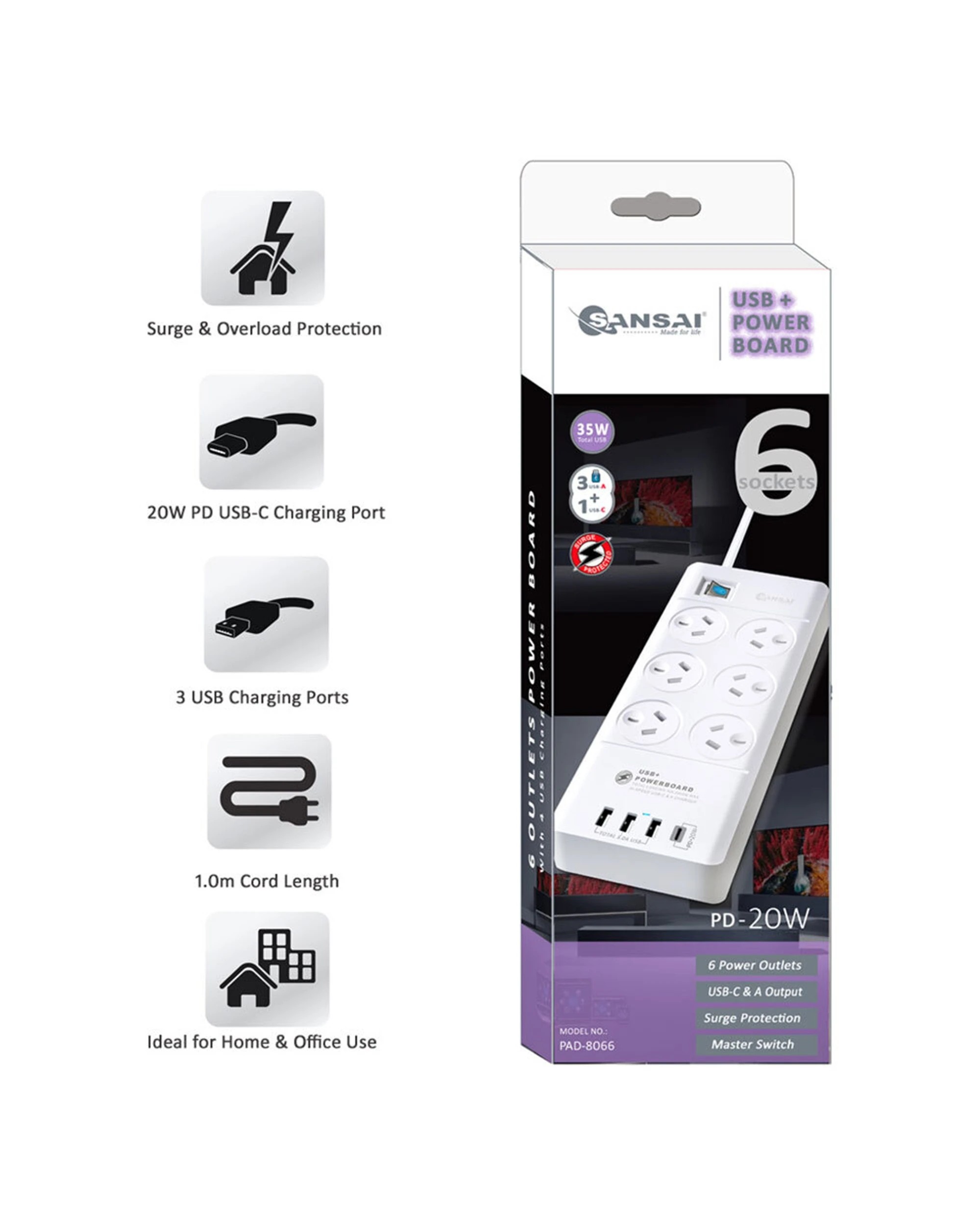 3 Sansai 6 Way Outlet 2400W Surge Protector Power Board USB-A USB-C Charger Ports - White, 3 of 5