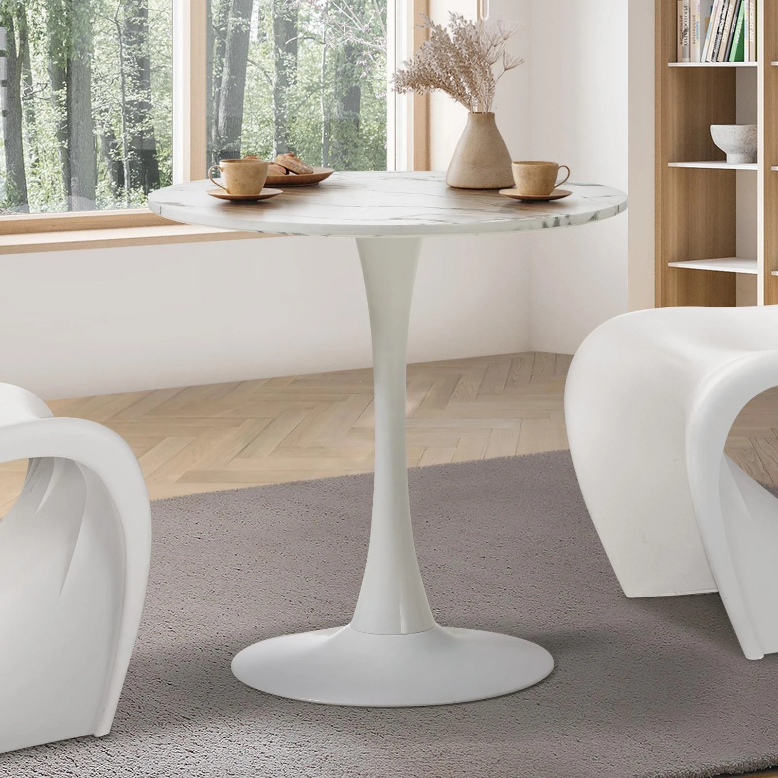 2 Oikiture 60cm Dining Table Kitchen Marble Tulip Round Metal Leg
 - White, 2 of 9