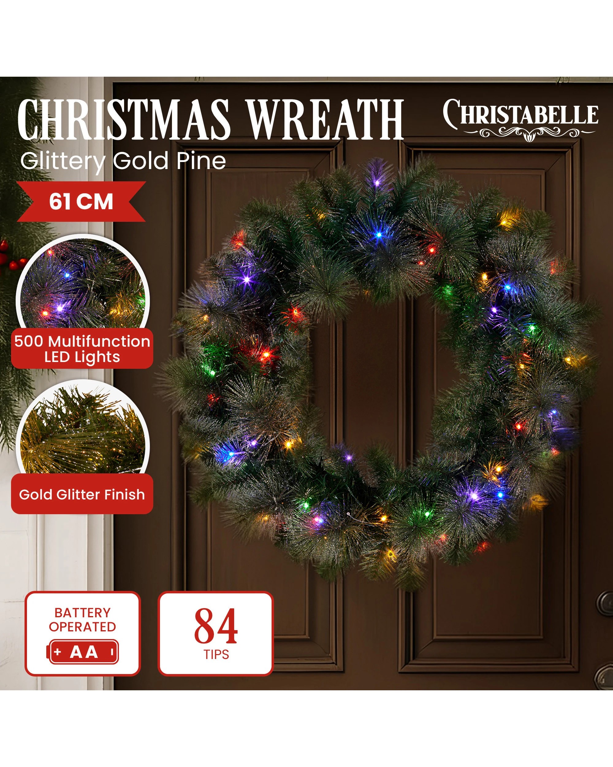7 Christabelle 61cm Christmas Wreath Led Lights Glittery Gold Pine Front Door Decoration Ornament, 7 of 7