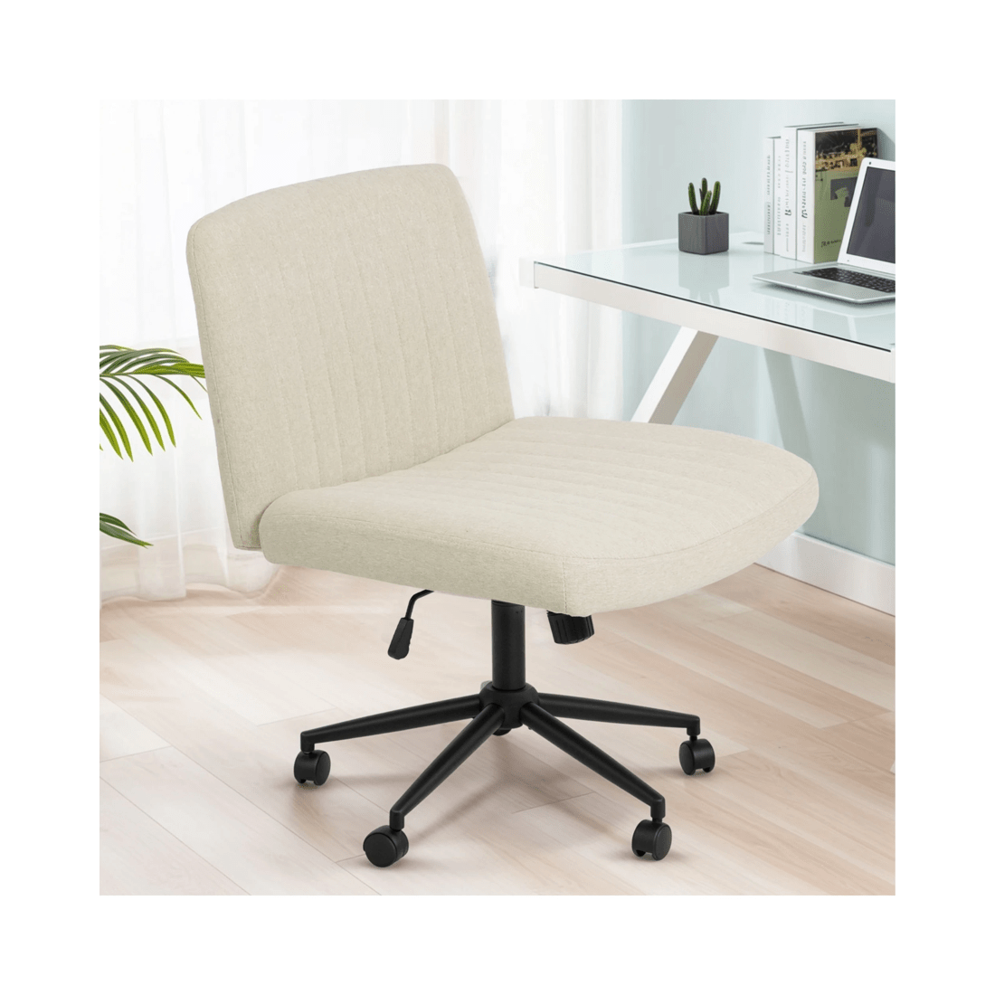 3 Advwin Armless Cross-Legged Office Chair Swivel Vanity Chair Beige, 3 of 9