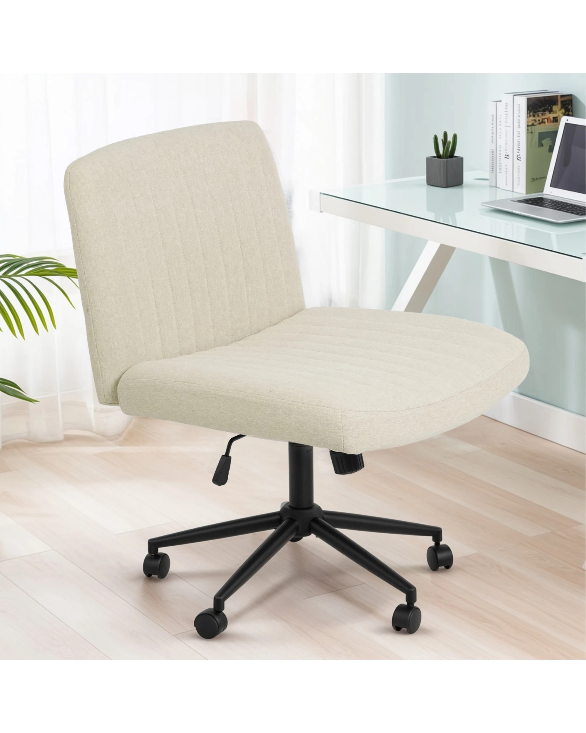 3 Advwin Armless Cross-Legged Office Chair Swivel Vanity Chair Beige, 3 of 9