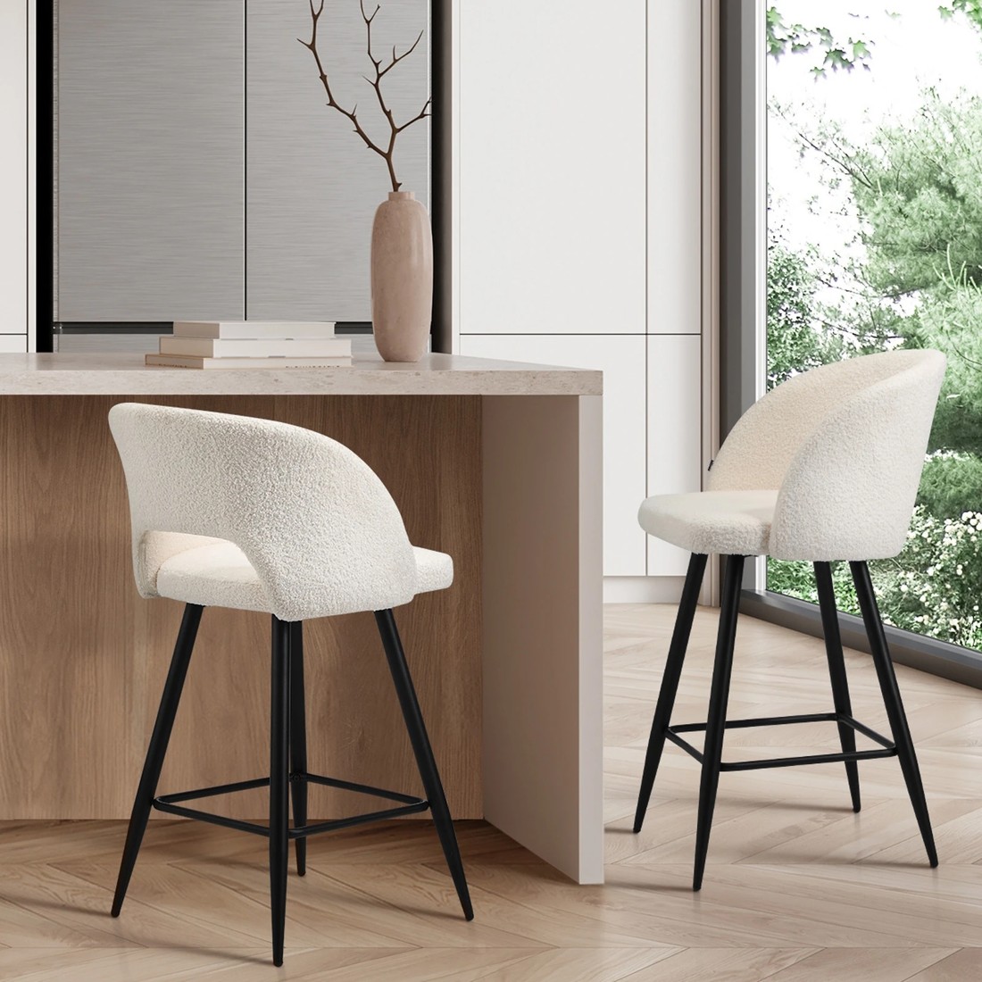 3 Oikiture 2x Bar Stools Kitchen Dining Chair Padded Chair Boucle Sura
 - White, 3 of 10