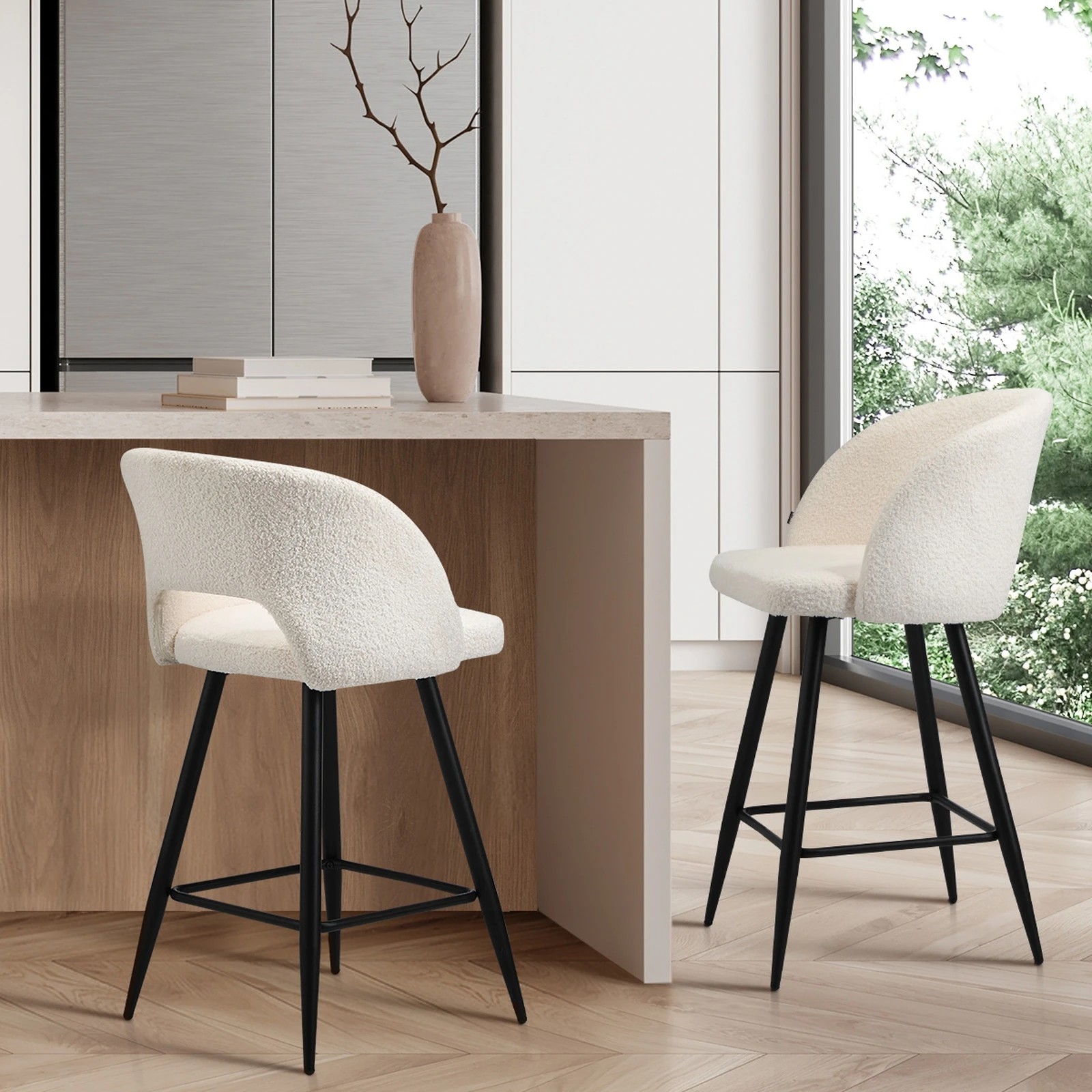 3 Oikiture 2x Bar Stools Kitchen Dining Chair Padded Chair Boucle Sura
 - White, 3 of 10