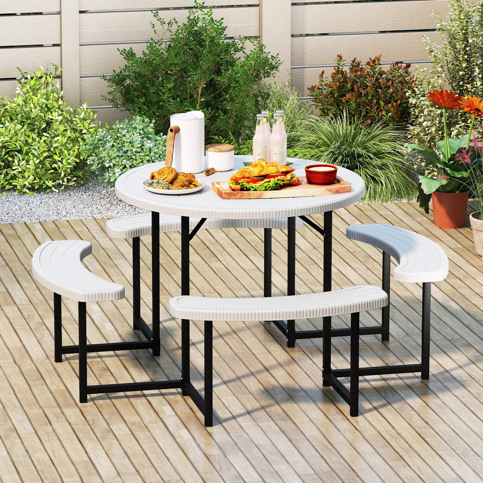 3 Costway 95cm Round Picnic Table Bench Set w/Umbrella Hole Patio Outdoor Dining Table & Chairs - White, 3 of 3