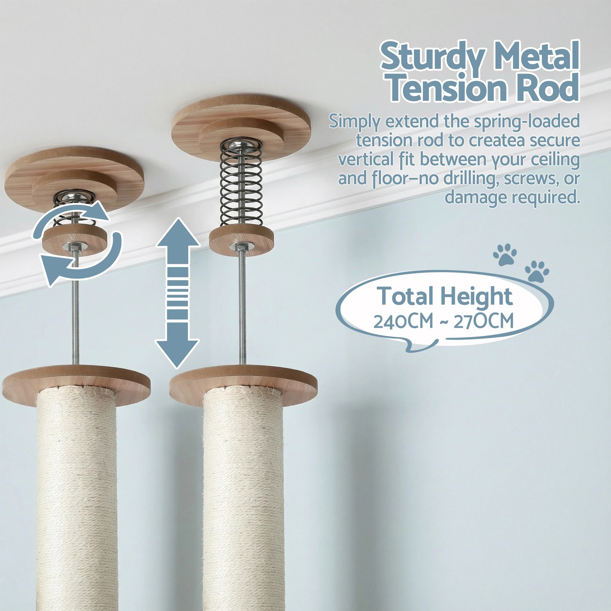 5 i.Pet Cat Tree Tower Floor to Ceiling Scratching Post 270cm - Beige, 5 of 9