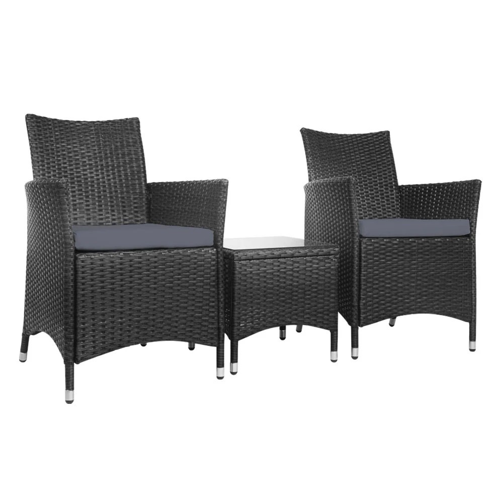 1 Gardeon 3PC Outdoor Bistro Set Patio Furniture Wicker Setting Chairs Table Cushion - Black, 1 of 8