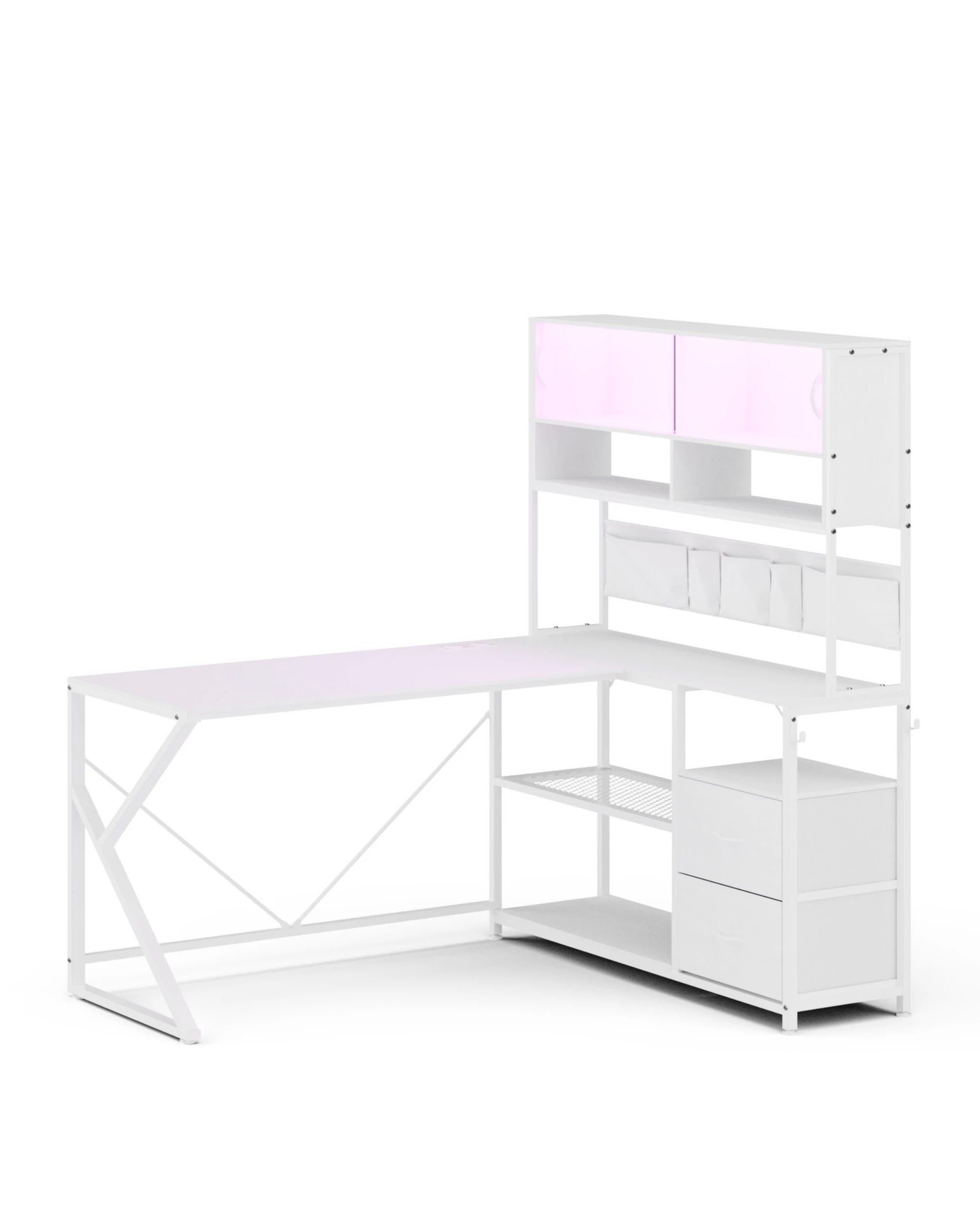 6 Advwin 130cm  L Shaped Gaming Desk with LED Lights & Power Outlets  - White, 6 of 10