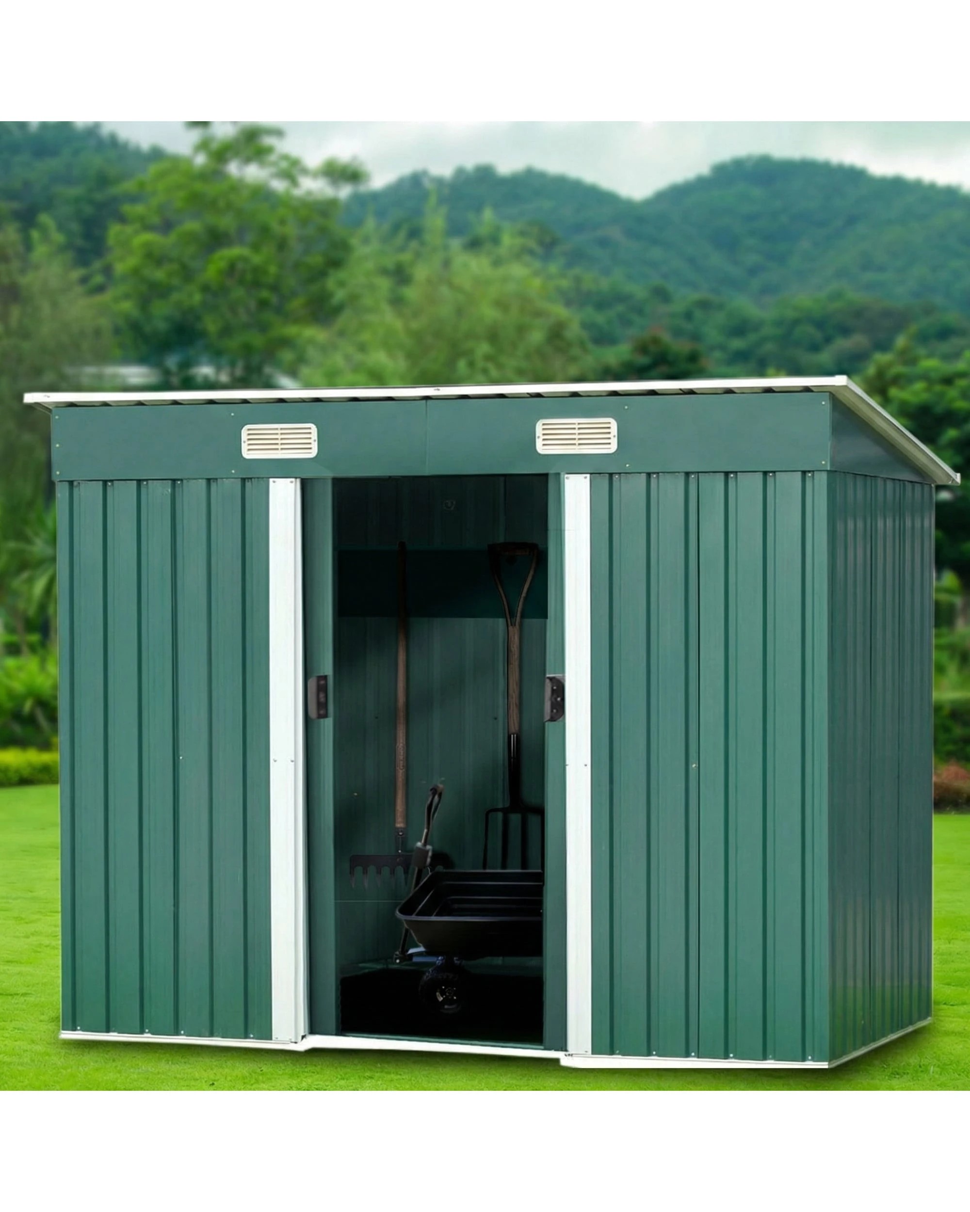 4 Wallaroo 4ft x 8ft Garden Shed Flat Roof Outdoor Storage Tool Sloped Workshop - Green, 4 of 8