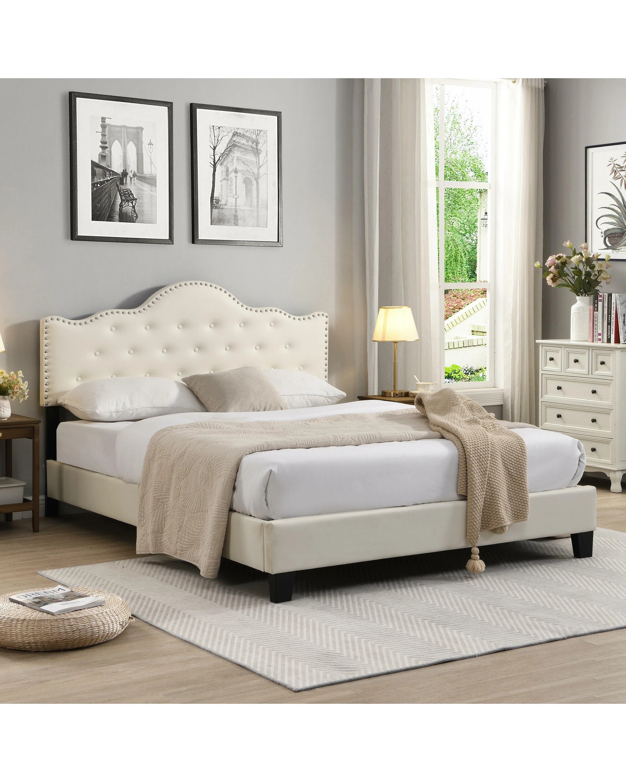 3 IHOMDEC BEF05 Button Tufted Queen Bed Frame - Beige - Beige, 3 of 10