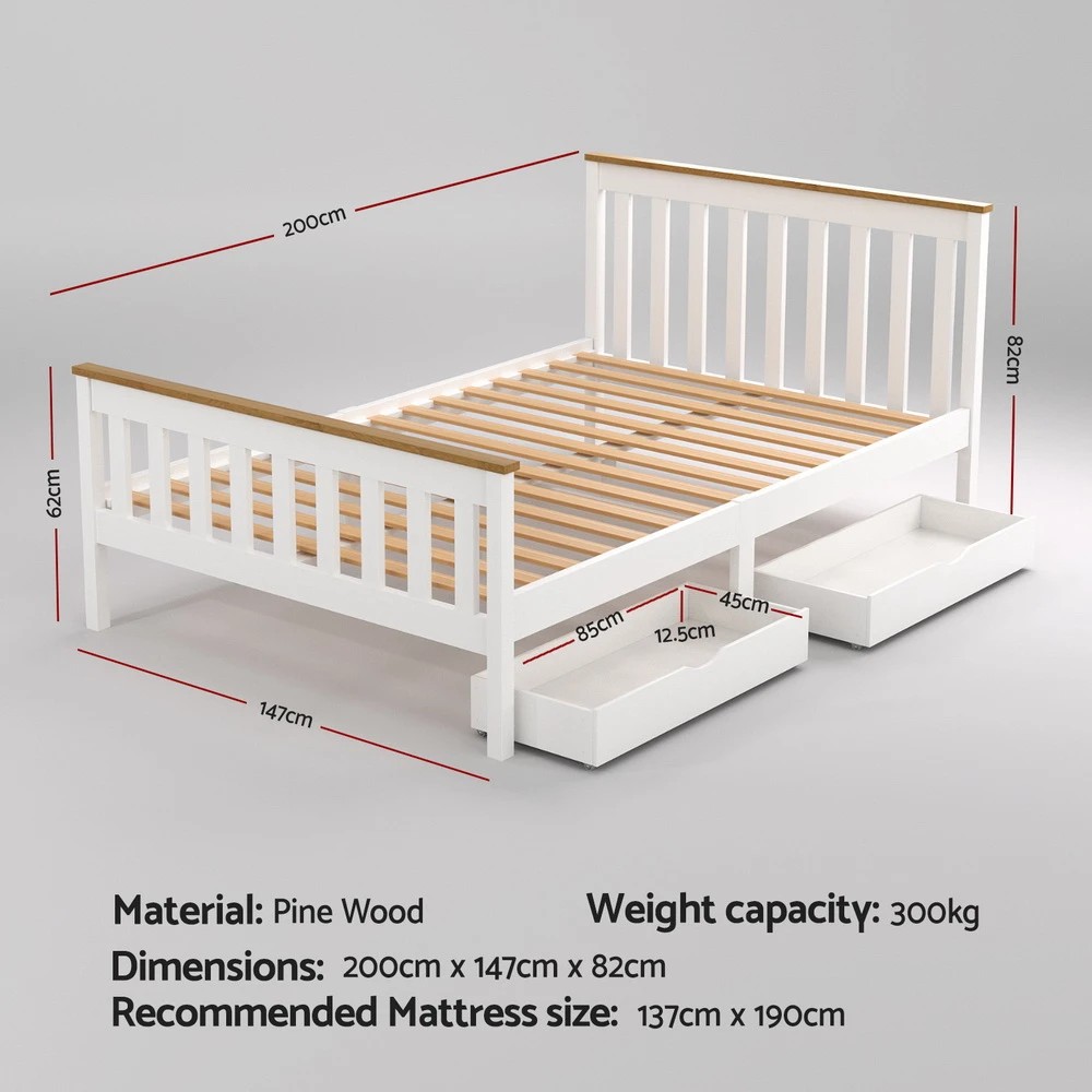 2 Artiss Bed Frame Double Size Wooden Platform with 2 Storage Drawers - White, 2 of 8