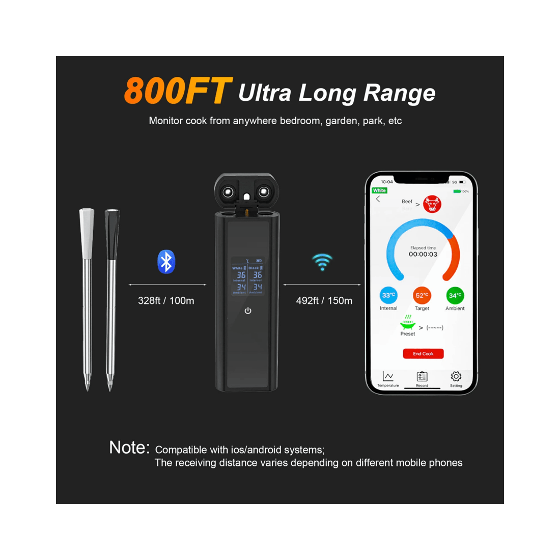 5 Advwin Wireless Meat Thermometer with Dual Probes, Bluetooth 5.3 Smart Food Thermometer with App 800ft Range, 5 of 7