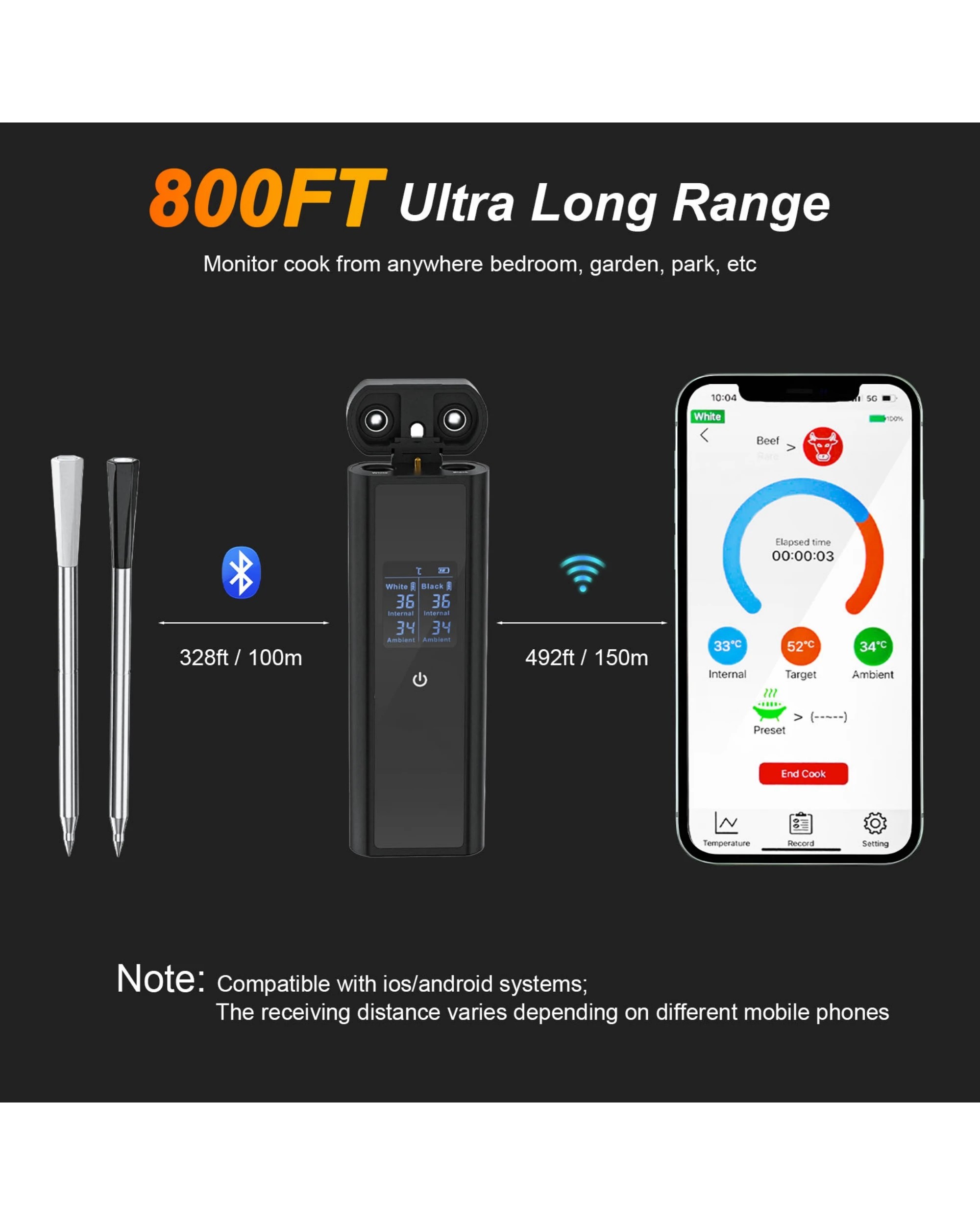 5 Advwin Wireless Meat Thermometer with Dual Probes, Bluetooth 5.3 Smart Food Thermometer with App 800ft Range, 5 of 7