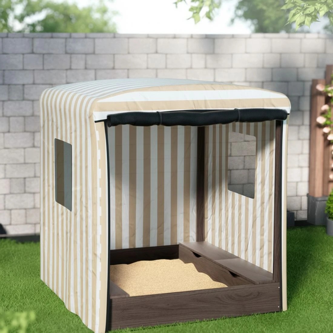 4 Keezi Kids Sandpit Wooden Sandbox Pit with Canopy Window Water Basin 120cm - Brown, 4 of 6