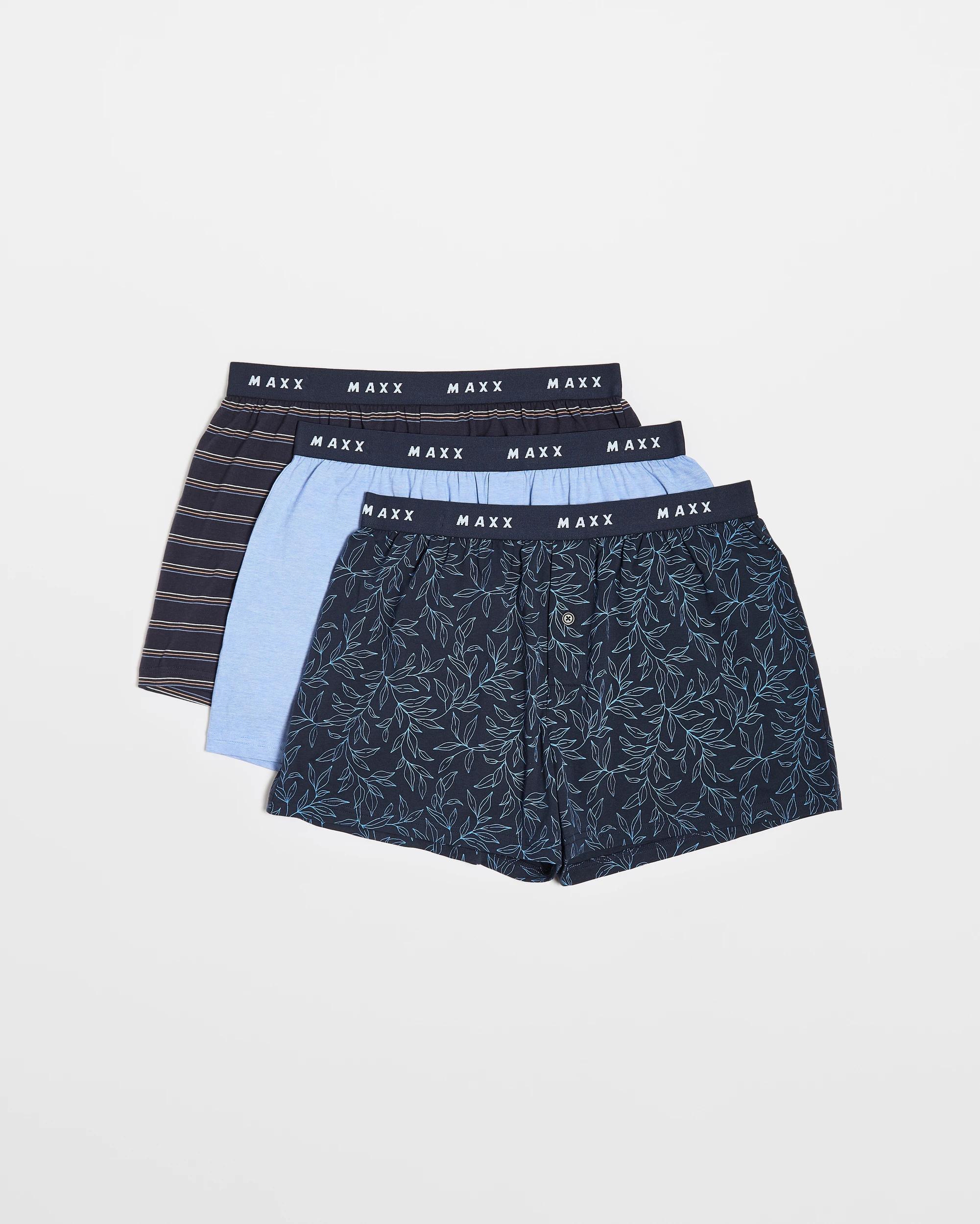 1 Mens Cotton Blend Knit Jersey Boxer Shorts 3 Pack - Maxx NAVY LEAF/BLUE STRIPE/NAVY STRIPE, 1 of 4