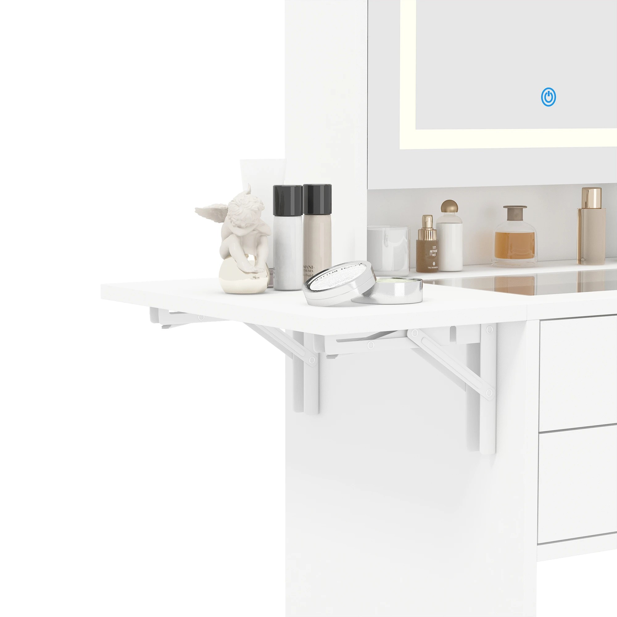 7 Advwin Dressing Table Stool w/ Glass Desktop Side Storage & Charging Station - White, 7 of 10
