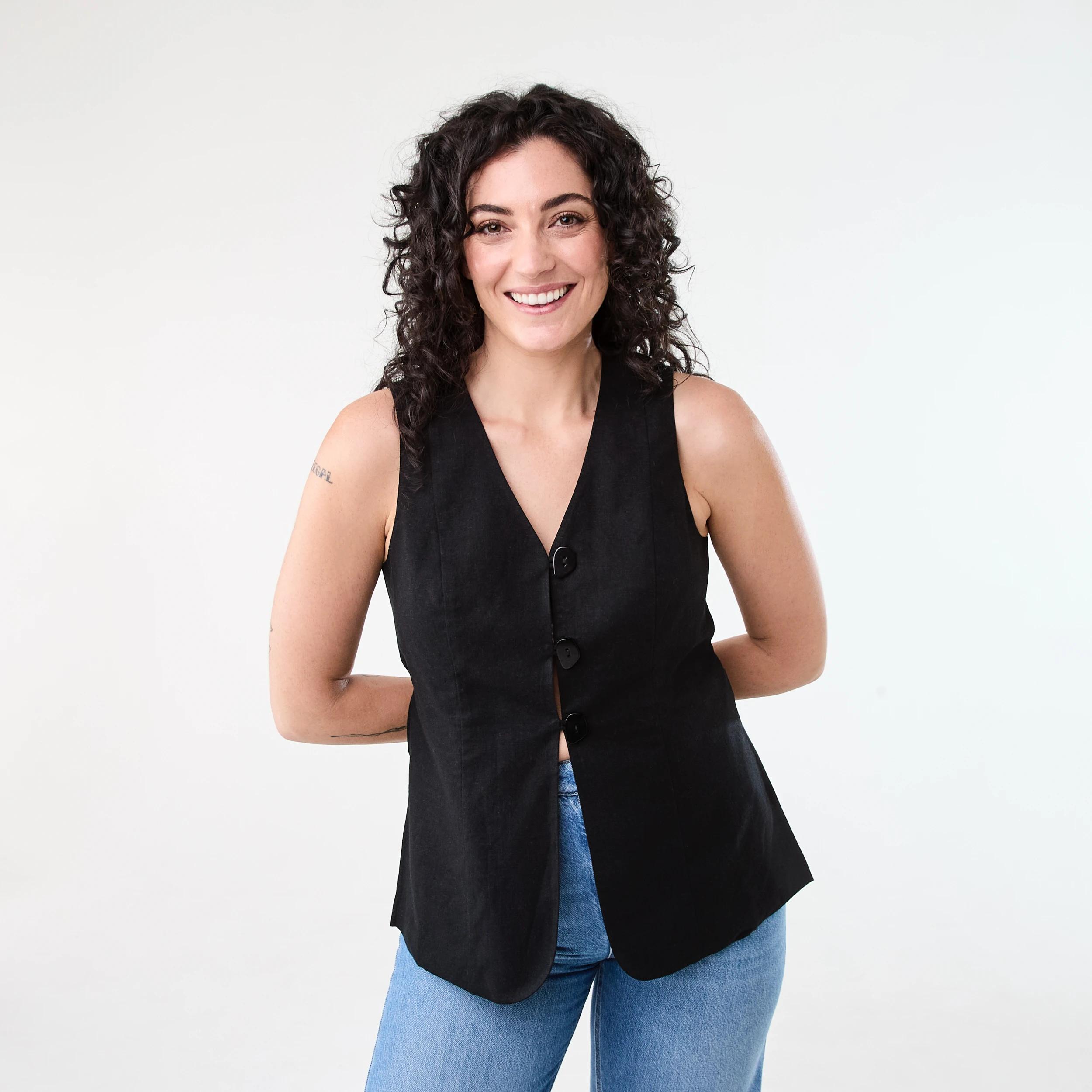 1 Sleeveless Longline Tie Back Waistcoat Black, 1 of 6