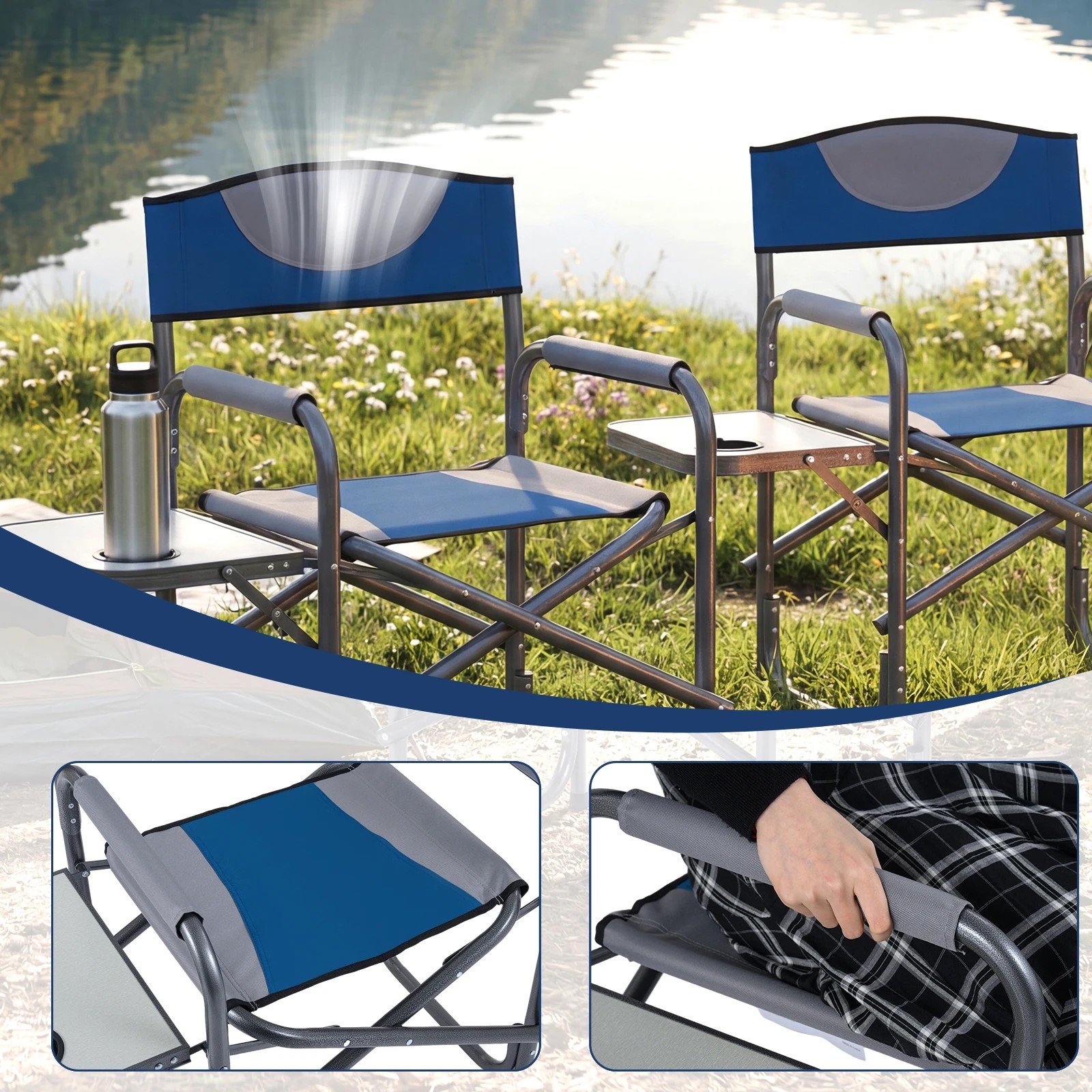 2 Costway Folding Camping Chair Portable Directors Chair Hiking Chair w/Side Table - Blue, 2 of 6