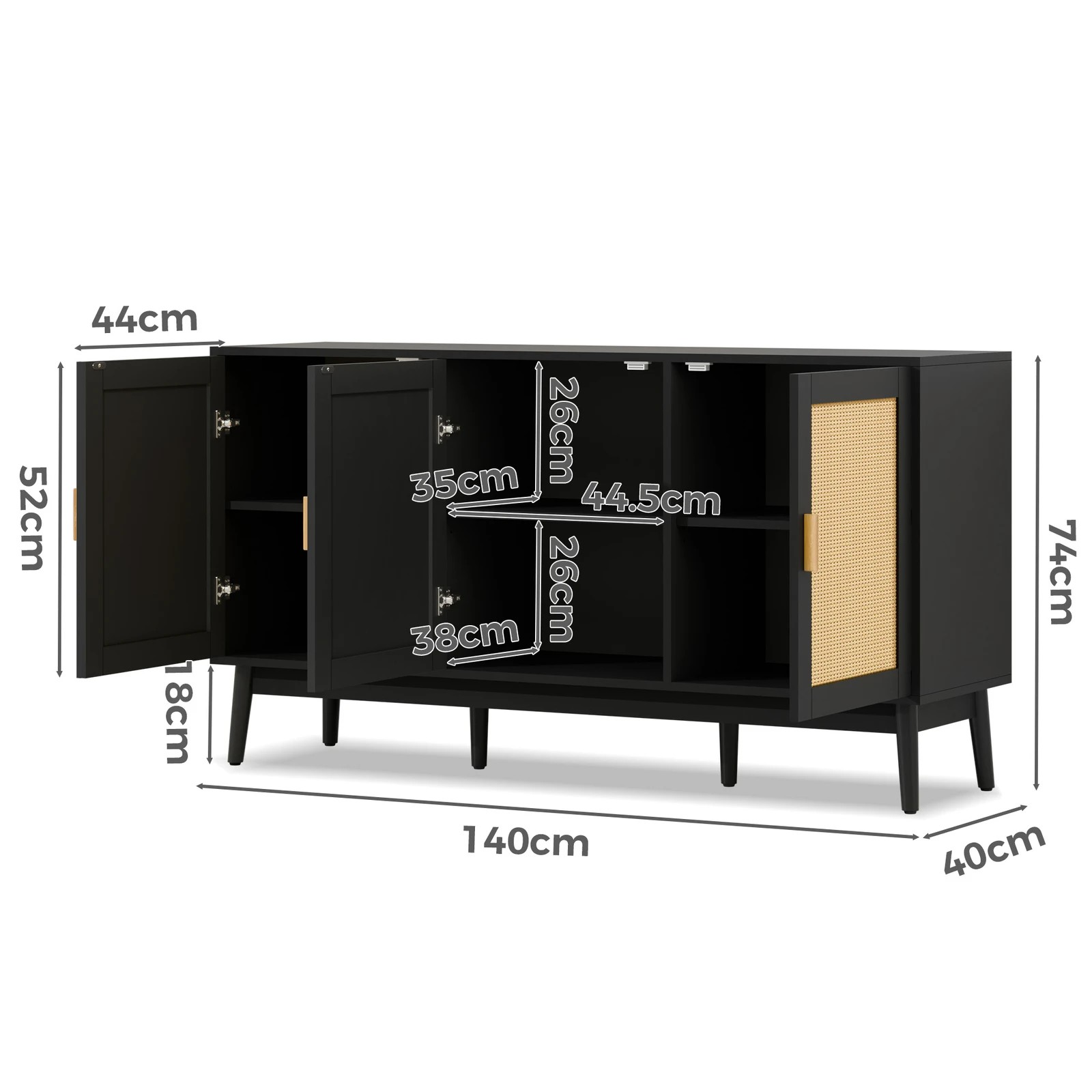8 Alfordson Buffet Sideboard 3 Doors Cupboard Cabinet Storage Rattan Pantry - Black, 8 of 9