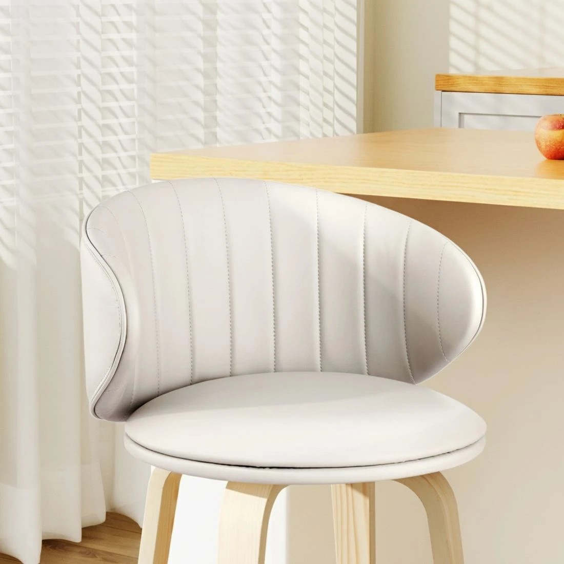 4 2x Artiss Bar Stools Dining Chairs Contou Leather Wood Stool - Beige, 4 of 6