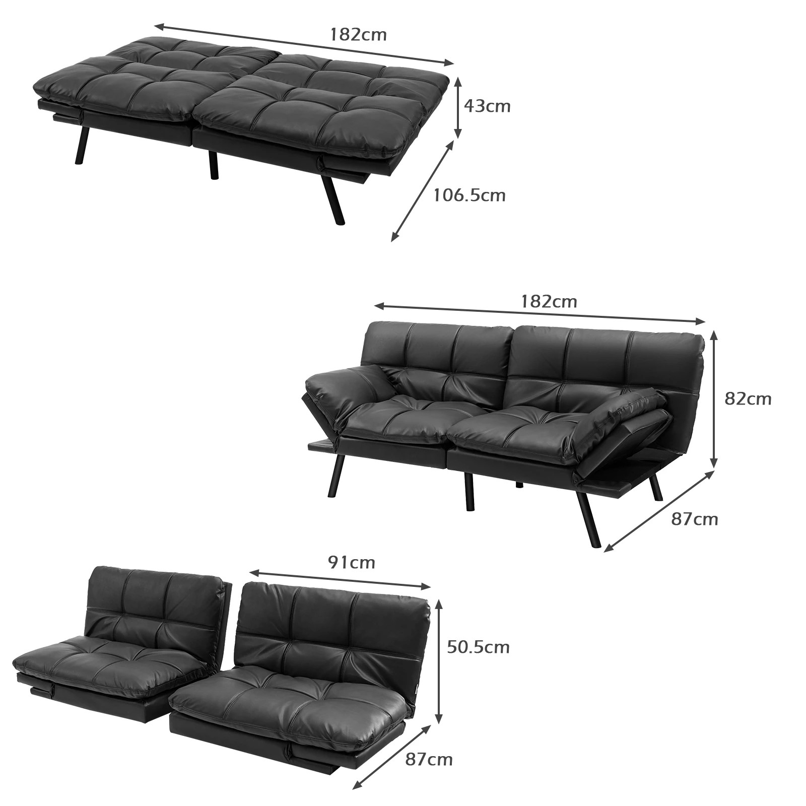 4 Costway Convertible Sofa Bed Memory Foam Couch Lounge Recliner Chair Black, 4 of 4