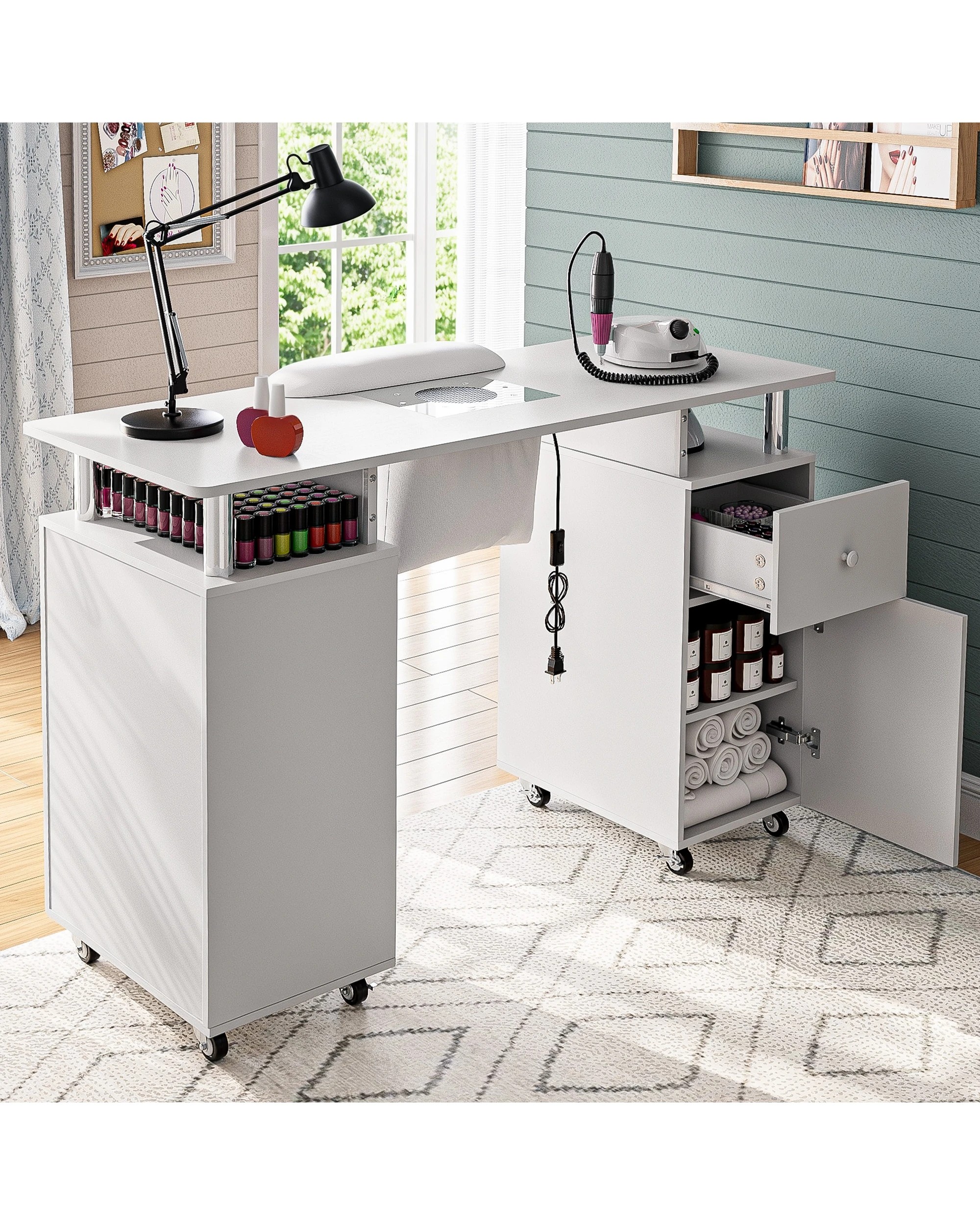 3 Advwin Manicure Table Vanity Desk for Nail Tech with Dust Collector Wrist Rest Lockable Wheels - White, 3 of 9