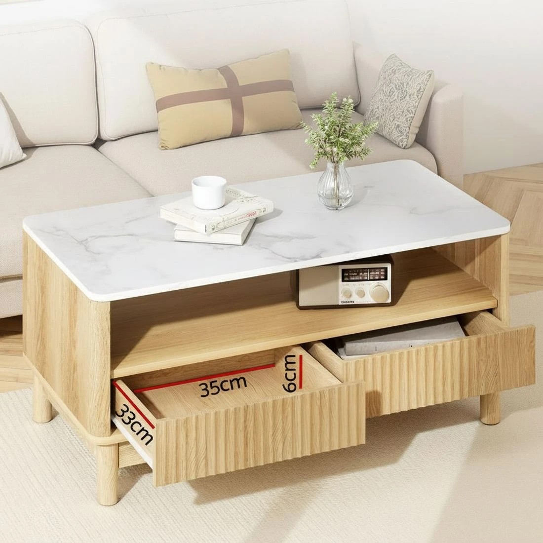 3 Artiss Coffee Table Drawer Shelf Marble Effect Wood& - Natural, 3 of 7