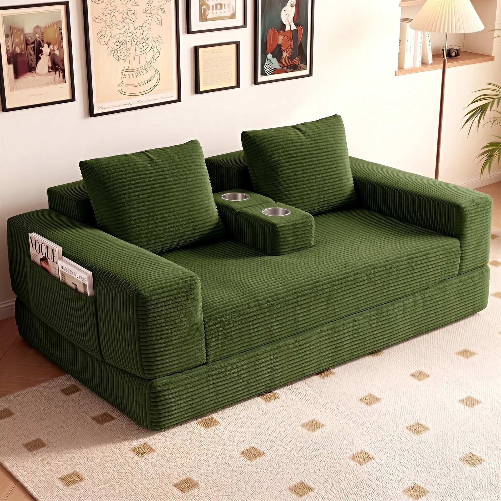 4 Advwin Folding Sofa Bed 2 in 1 Convertible Floor Loveseat Fold Out Corduroy Sleeper Couch - Green, 4 of 7