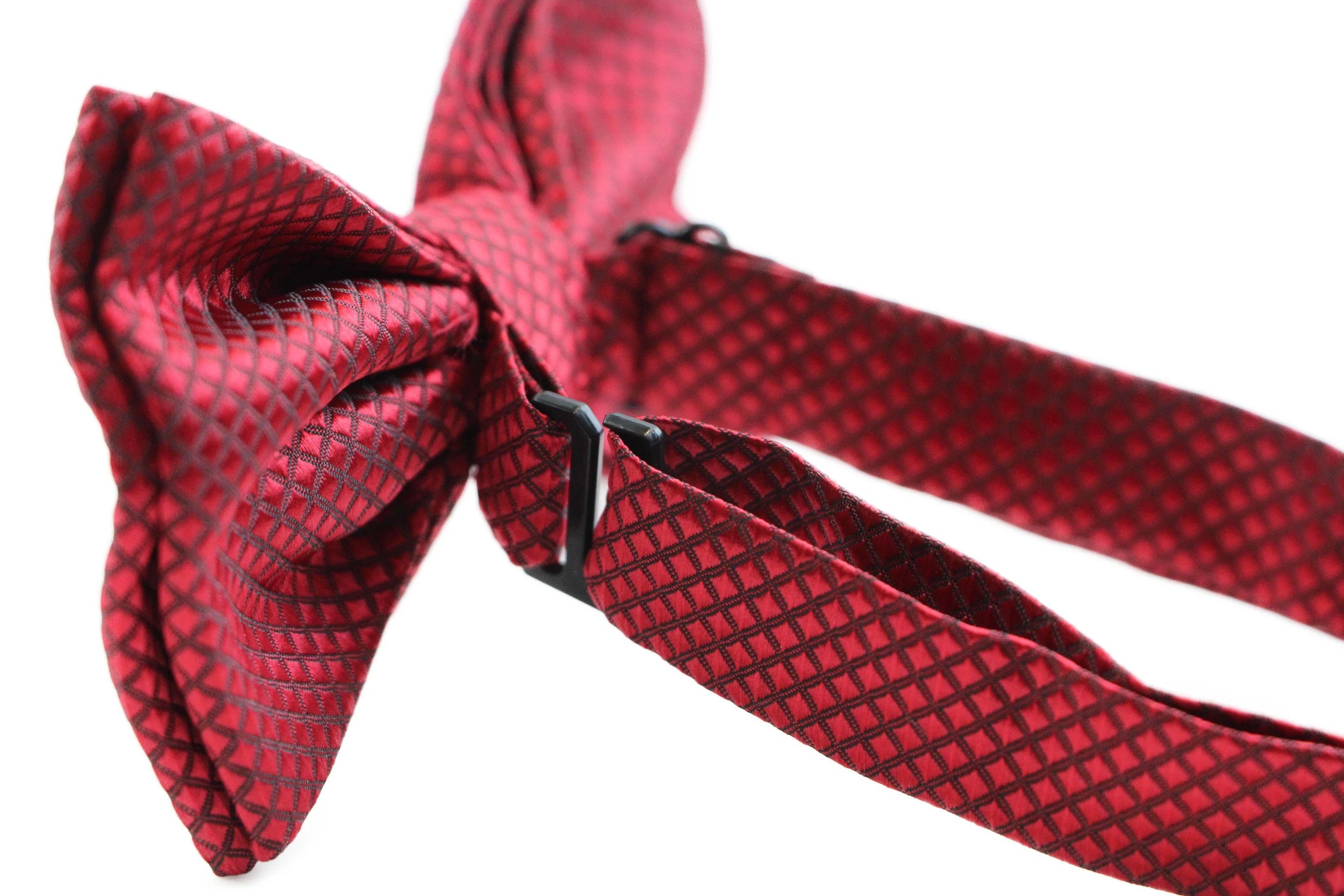 2 Zasel Mens Maroon Plain Coloured Large Patterned Checkered Bow Tie - Brown, 2 of 3
