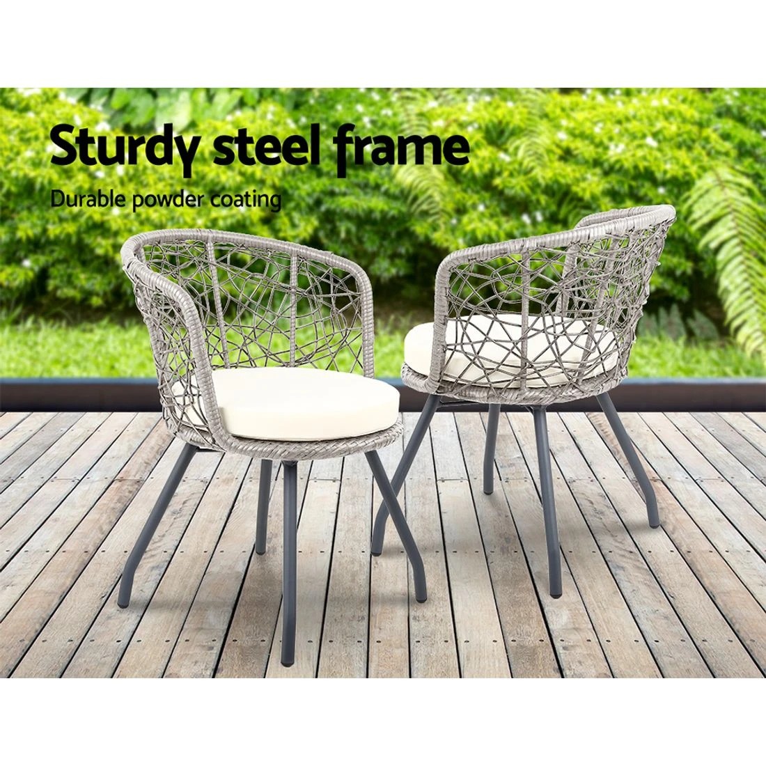 4 Gardeon 3PC Bistro Set Outdoor Furniture Rattan Table Chairs Patio Garden Cushion - Grey, 4 of 6