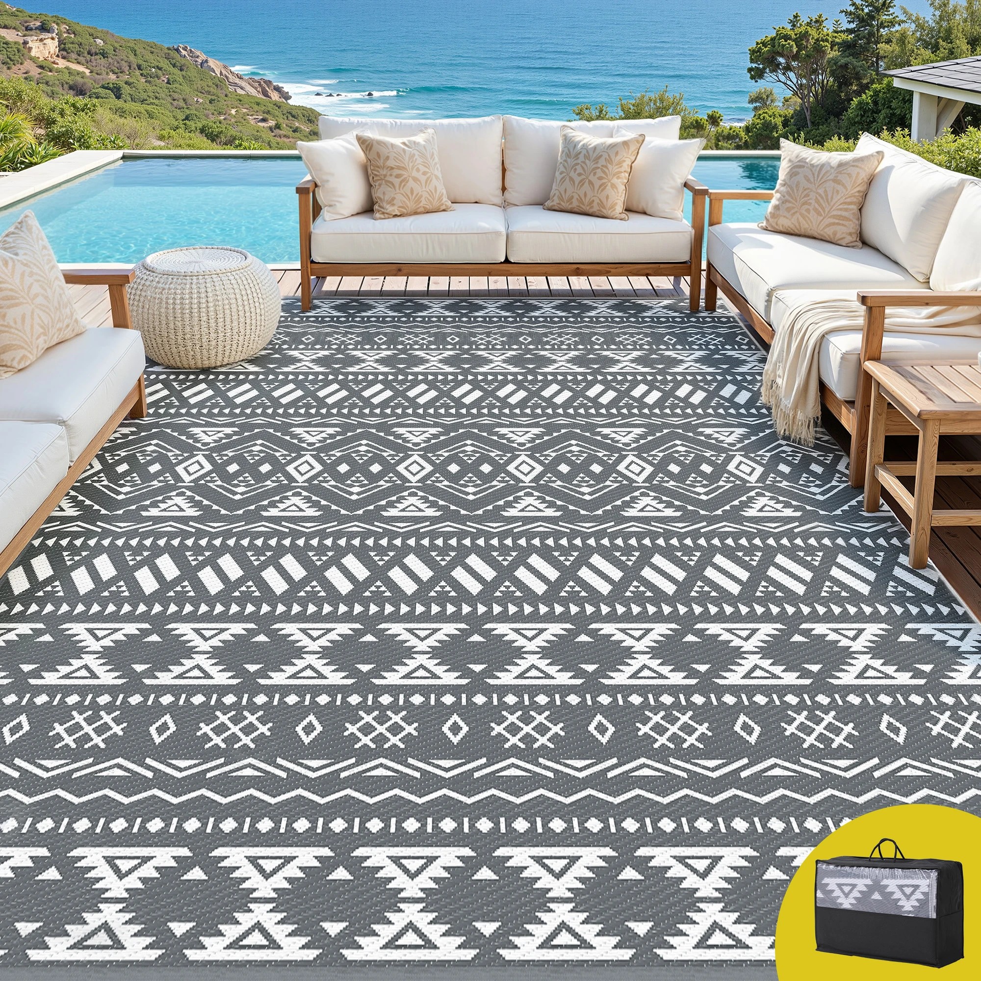 7 Gardeon Outdoor Rugs 274x366cm Large Carpet Reversible Area Mat PP Dual-Sided Patio Rug Bohemian - Grey, 7 of 7