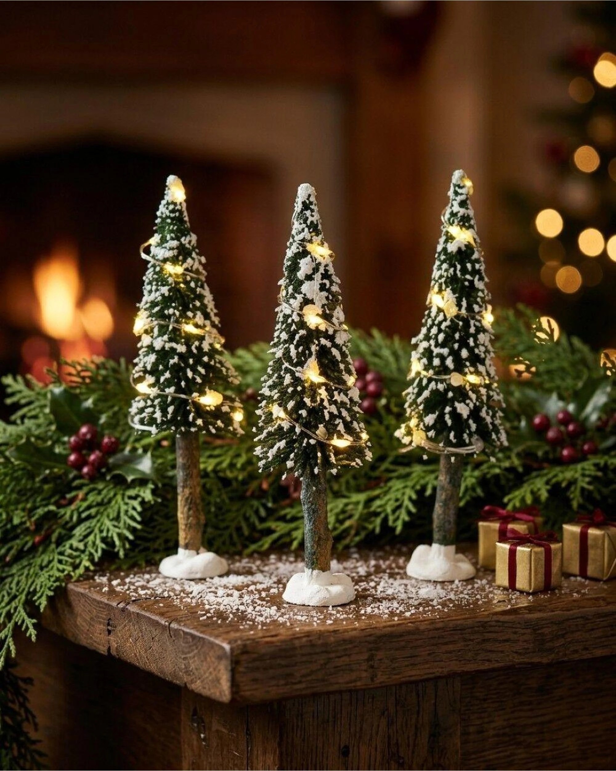 Christmas Warehouse 3x Snow Flocked LED Pine Trees Village Scenery ...