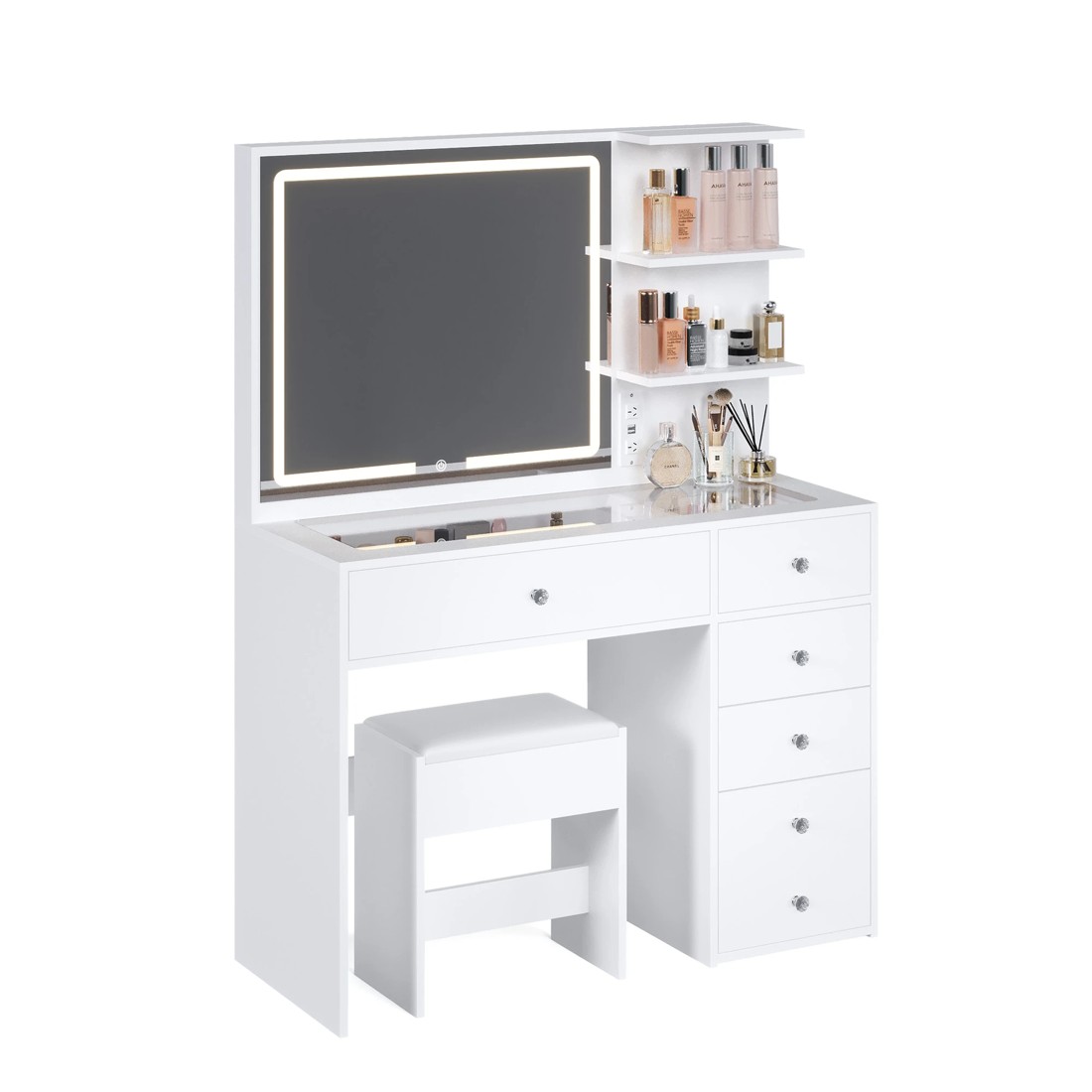 1 Advwin Dressing Table Stool Set Charging Station Lights Glass Tabletop Vanity Desk
 - White, 1 of 10