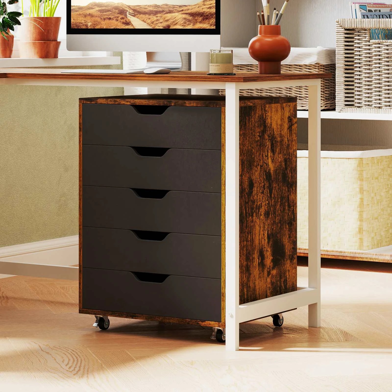 1 Costway 5 Drawer Mobile File Cabinet Rolling Storage Drawer Chest for Home Office - Brown, 1 of 2