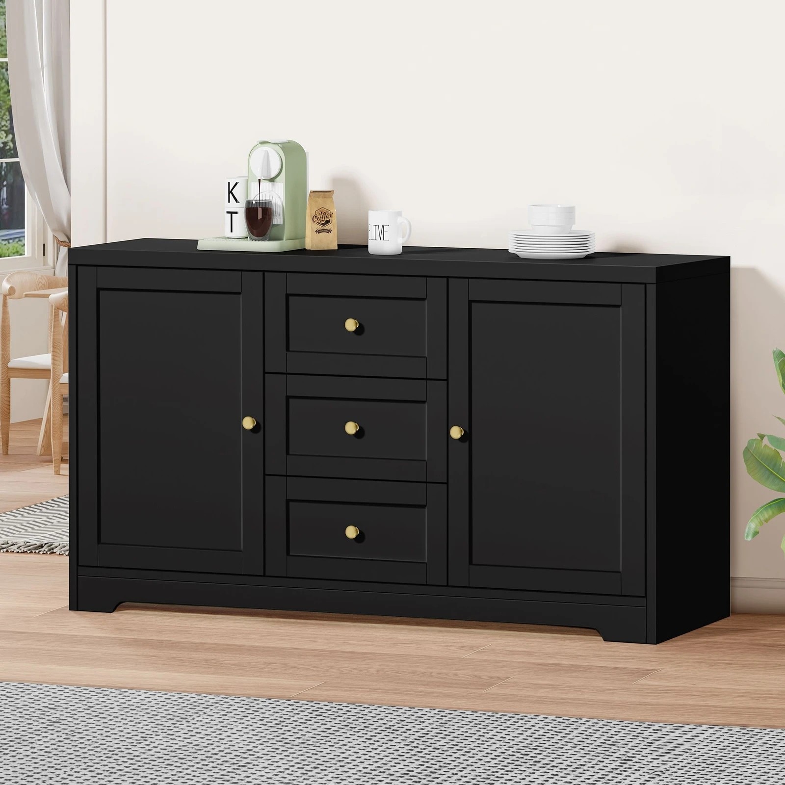 3 Alfordson Buffet Sideboard Cupboard Cabinet Storage Drawers Pantry Hallway - Black, 3 of 9