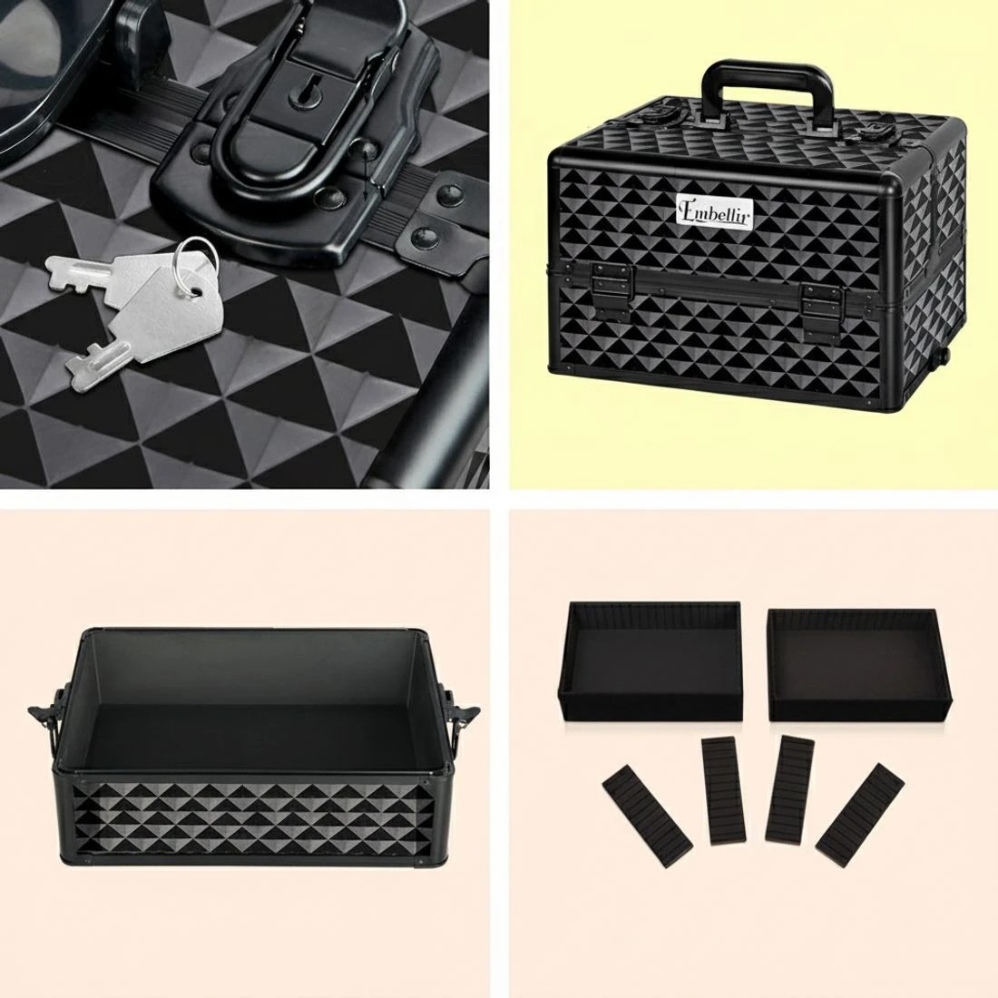 4 Embellir Makeup Case Beauty Trolley Cosmetic Organiser Box Travel Wheels Diamond - Black, 4 of 8